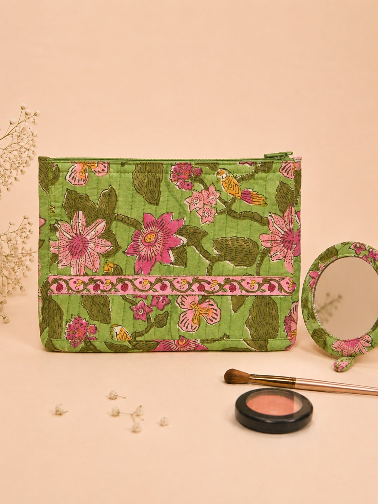 Passiflora Quilted Makeup Pouch With Mirror