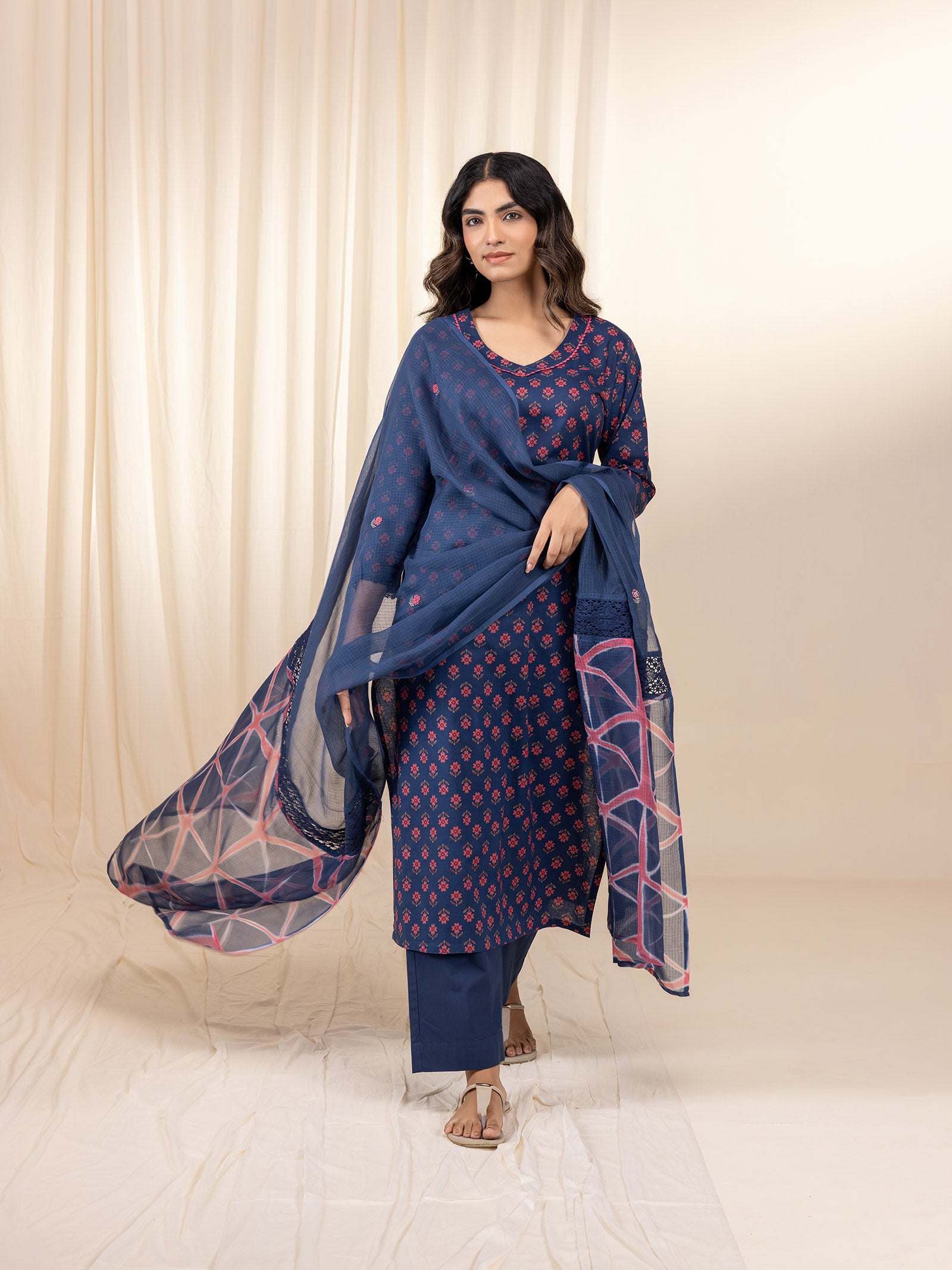 Pink Navy Kota Dupatta