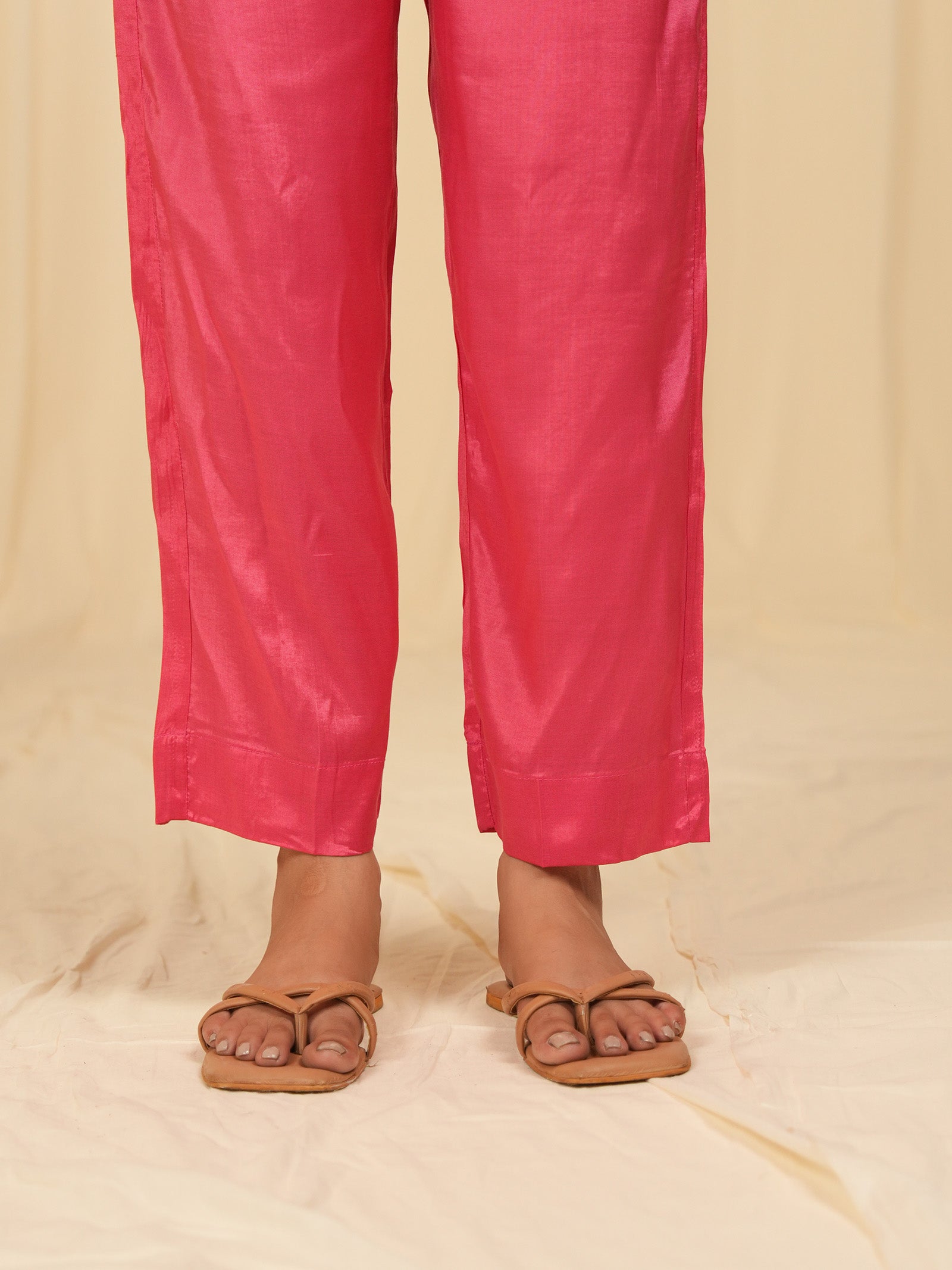 Pink Paisley Bamboo Silk Straight Pants