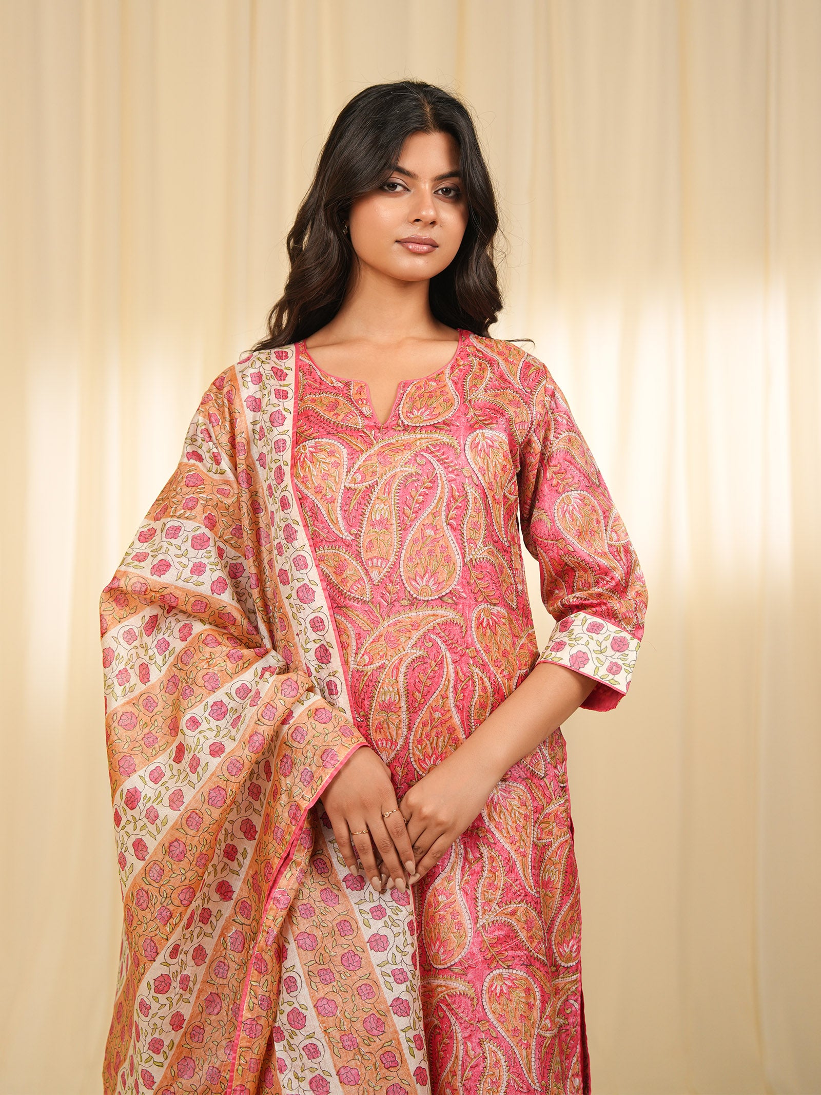 Pink Paisley Tussar Silk Dupatta