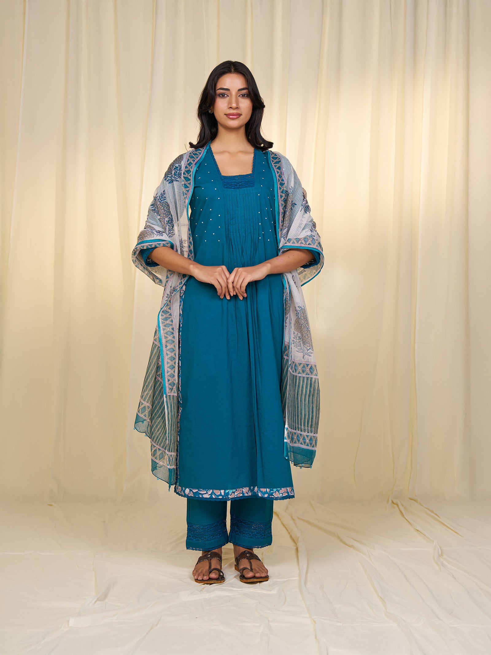 Teal Printed Kota Dupatta
