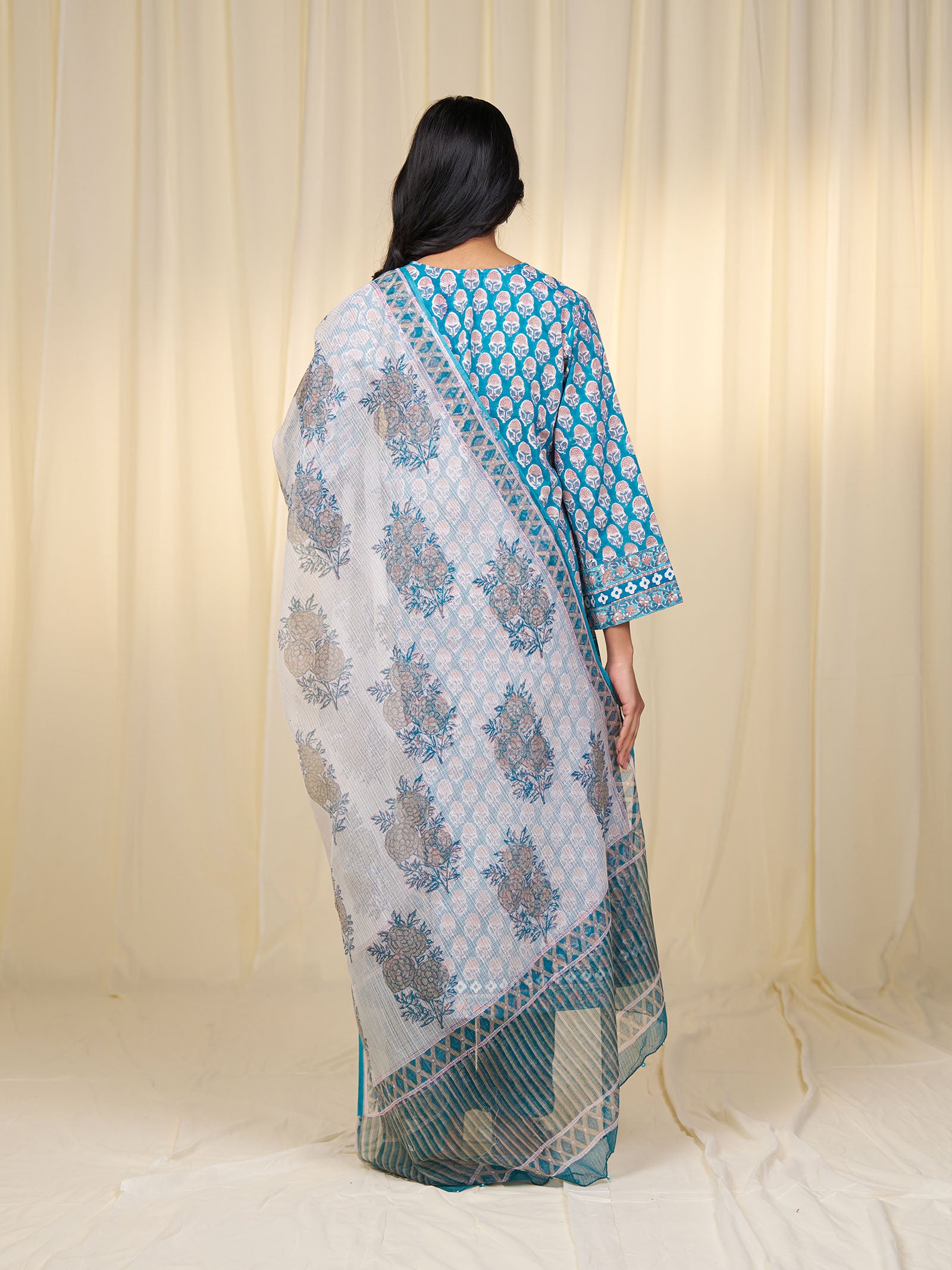 Teal Printed Kota Dupatta