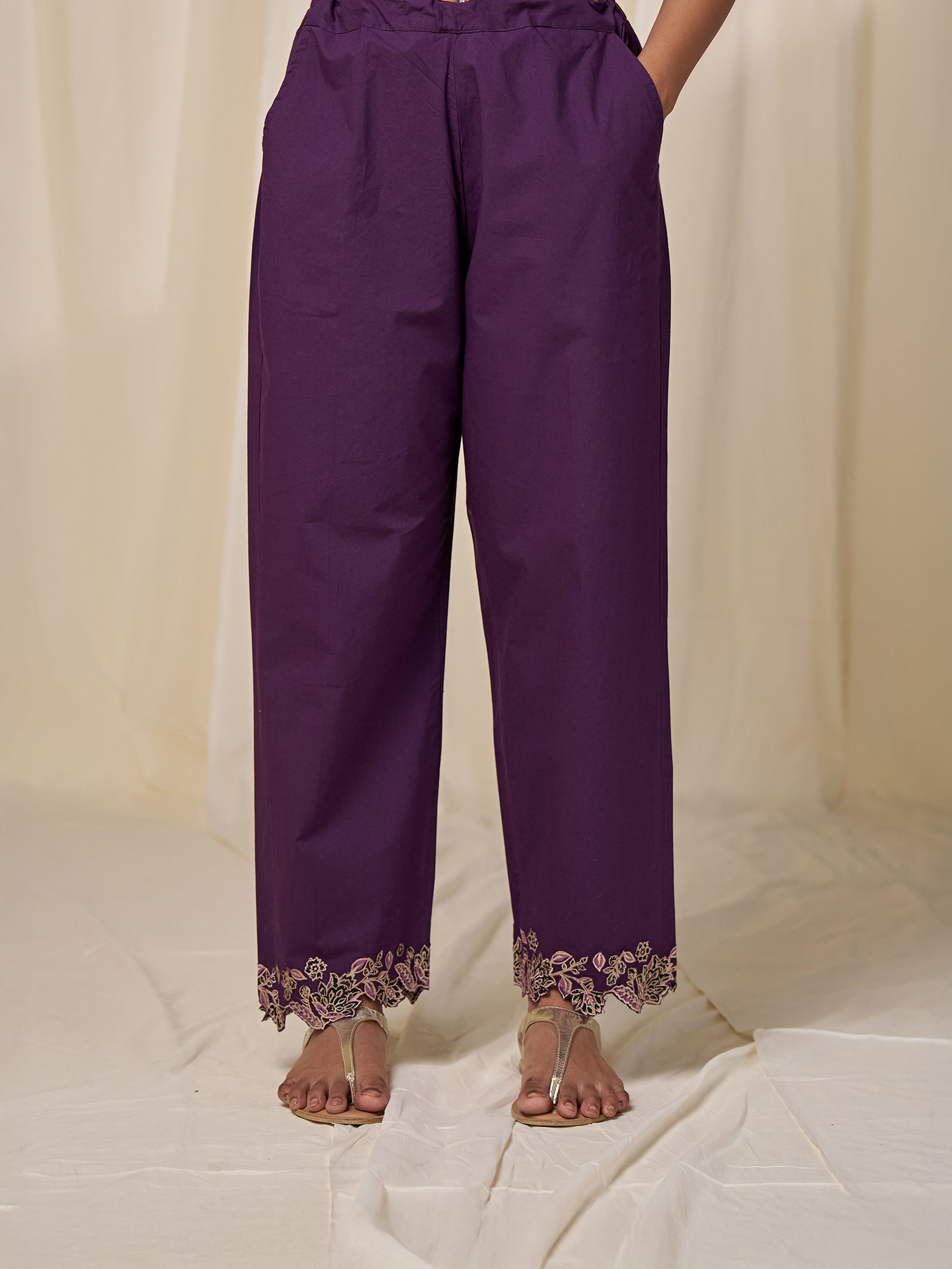 Purple Plum Cotton Straight Pants