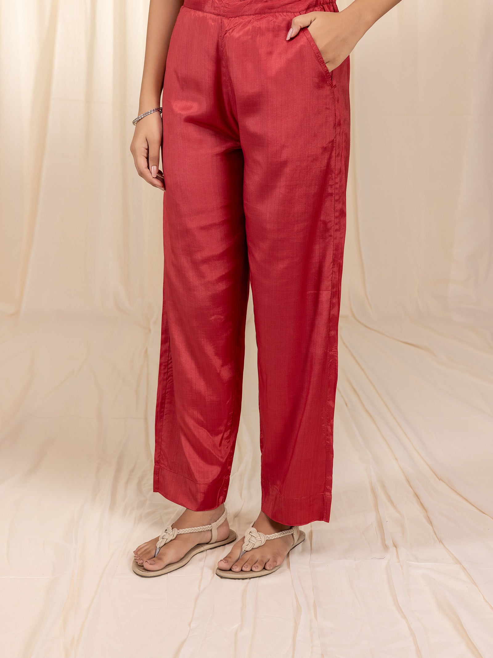 Red Velvet Bamboo Silk Straight Pants