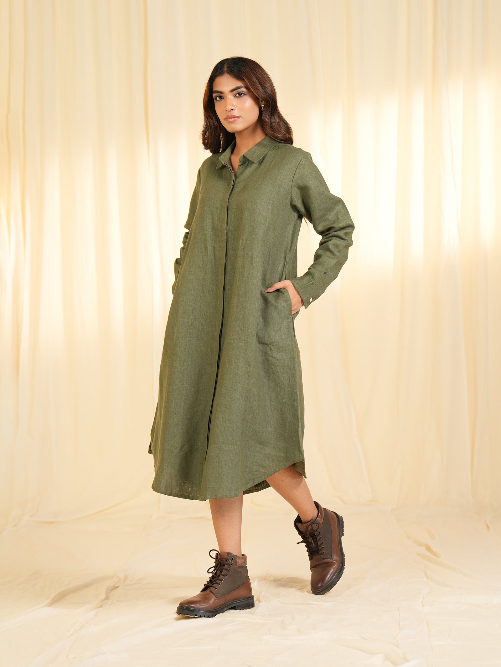 Safari - Olive Green Linen Dress