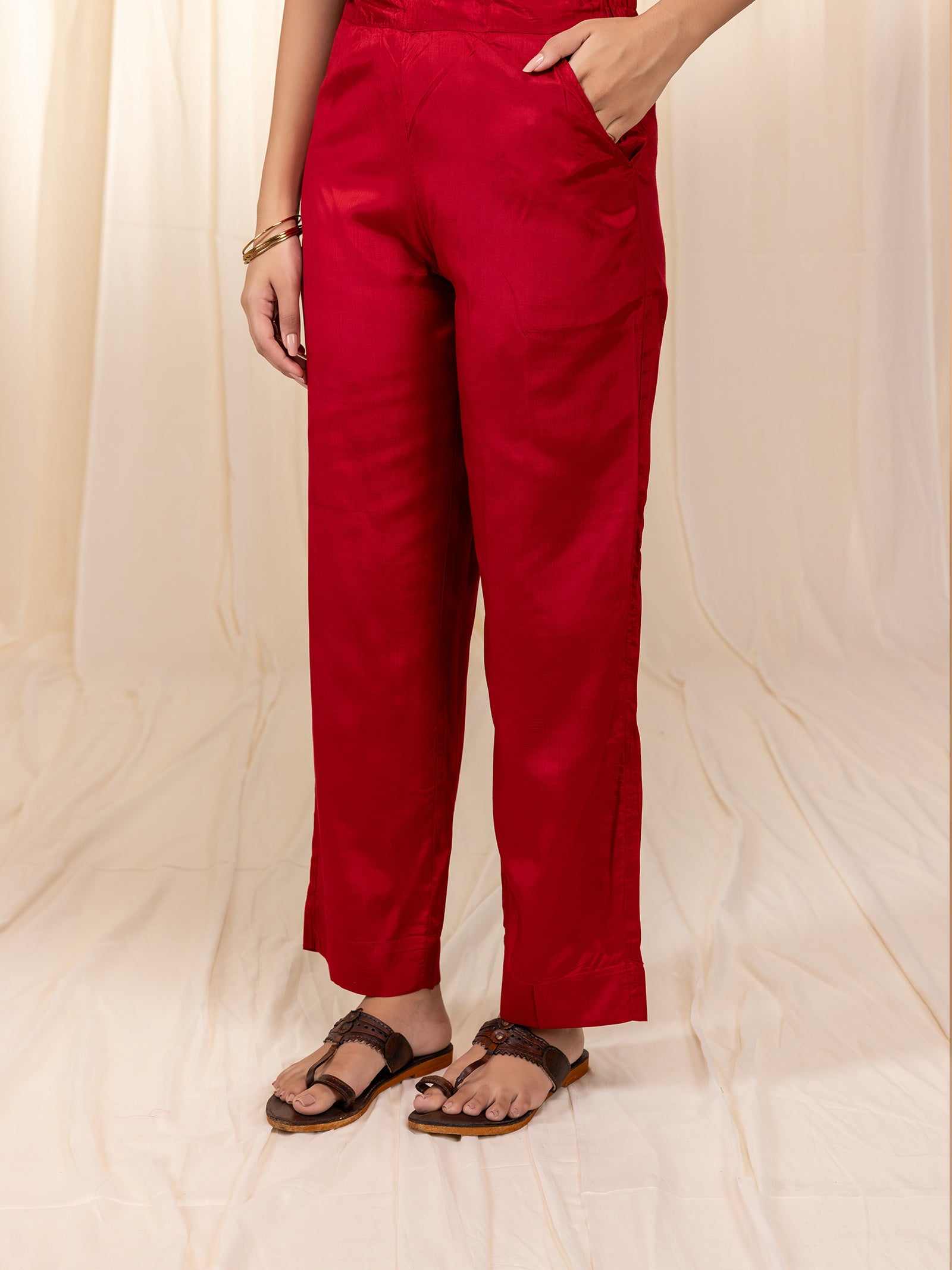 Sakhi Saheliya Red Bamboo Silk Straight Pants