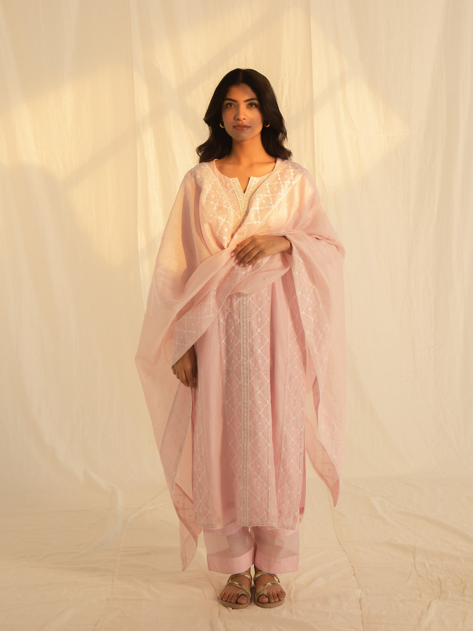 Satin Stitch Pink Chanderi Dupatta