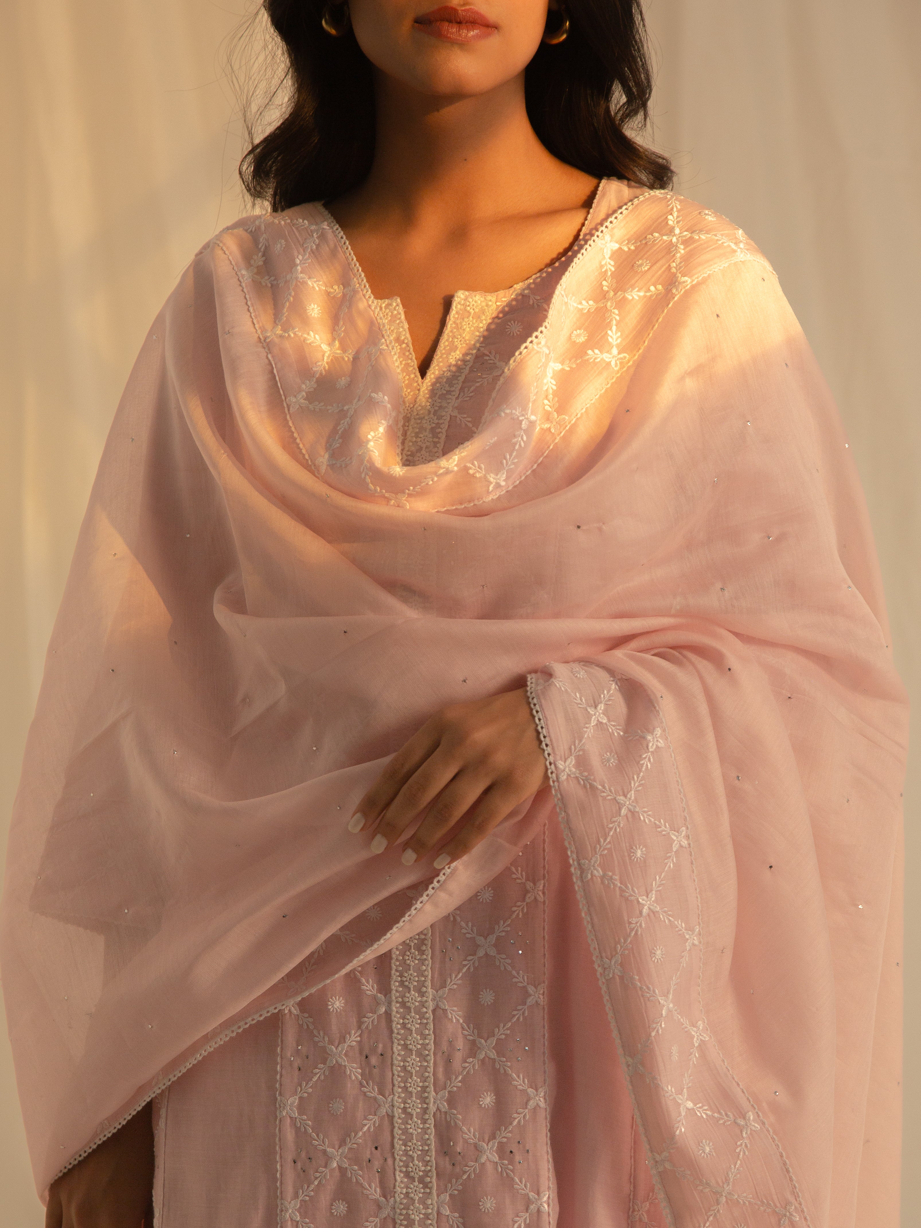 Satin Stitch Pink Chanderi Dupatta