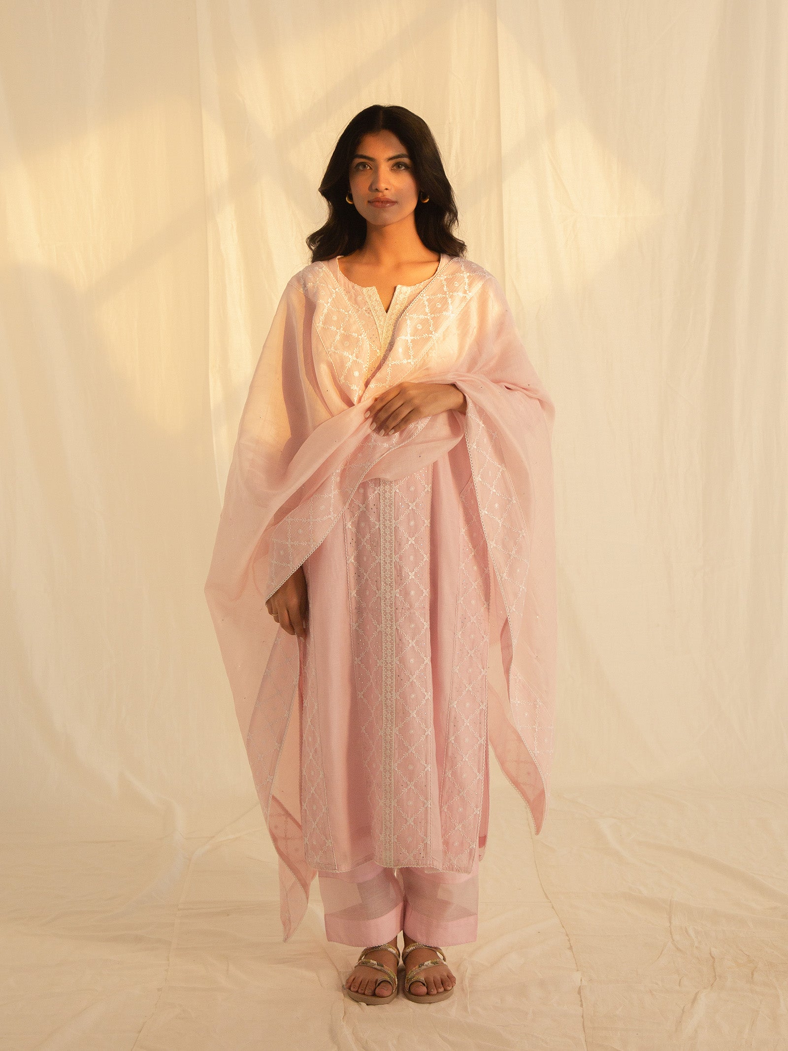 Satin Stitch Pink Chanderi Kurta