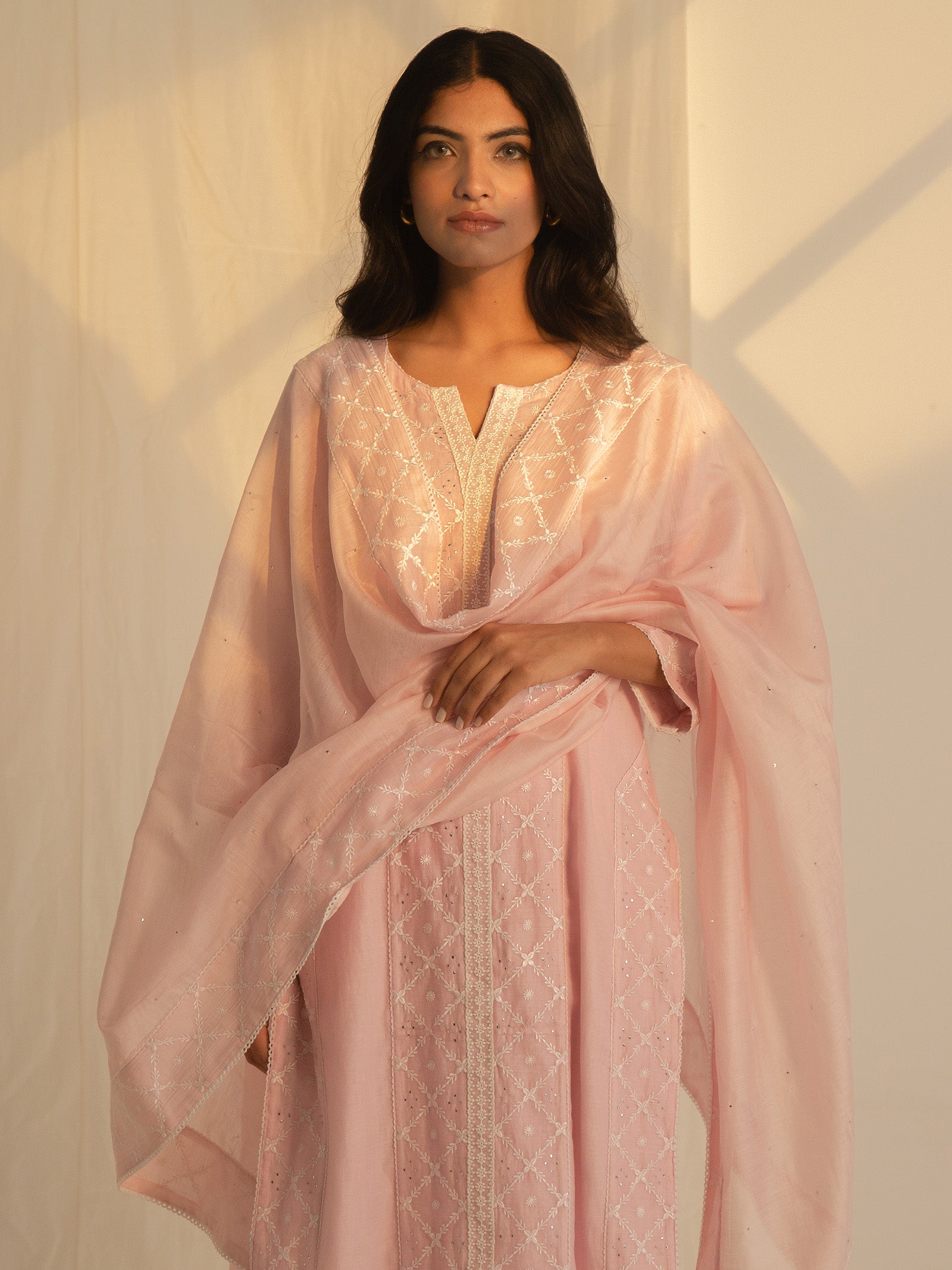 Satin Stitch Pink Chanderi Kurta