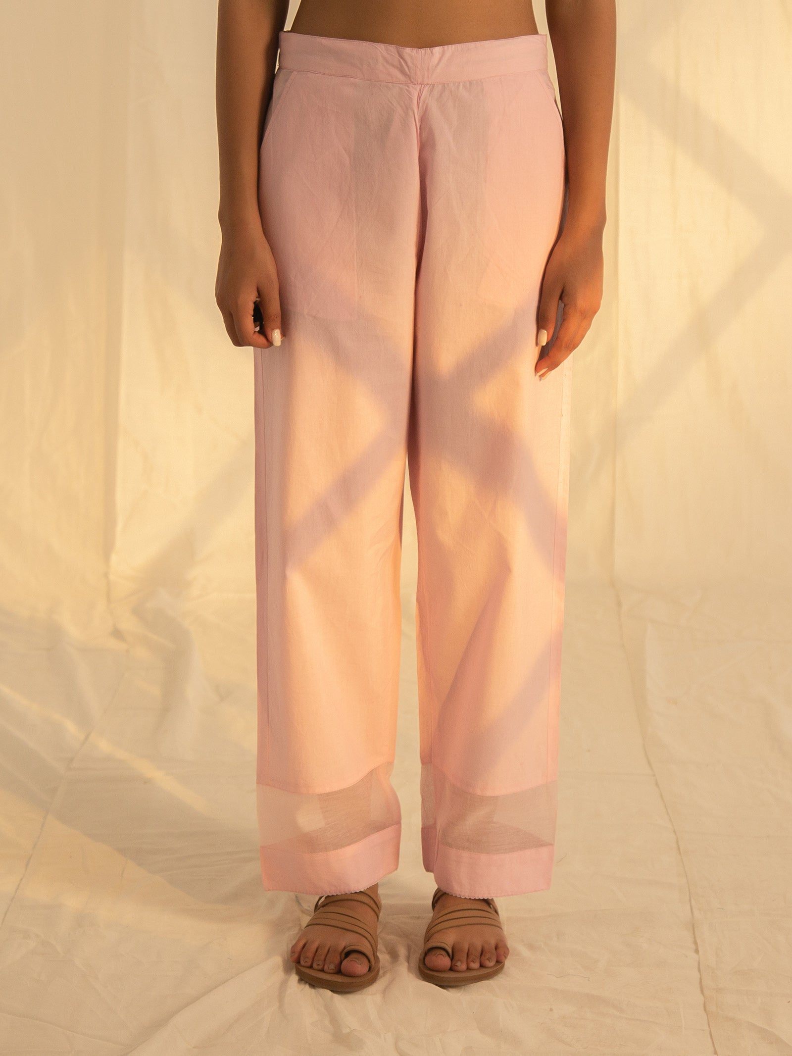 Satin Stitch Pink Cotton Straight Pant