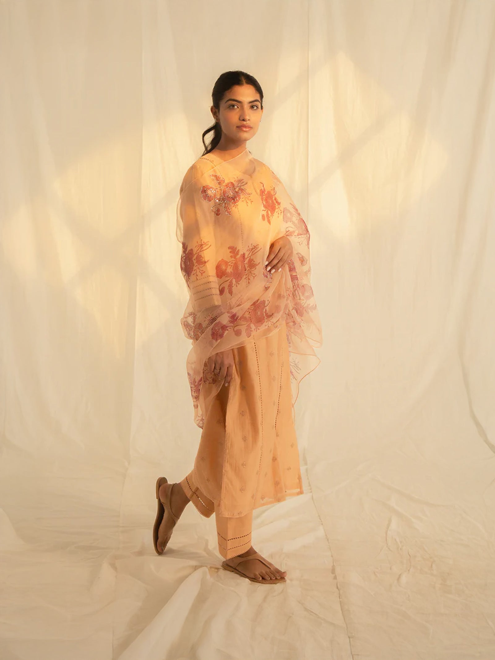 Satin Stitch Peach Organza Dupatta