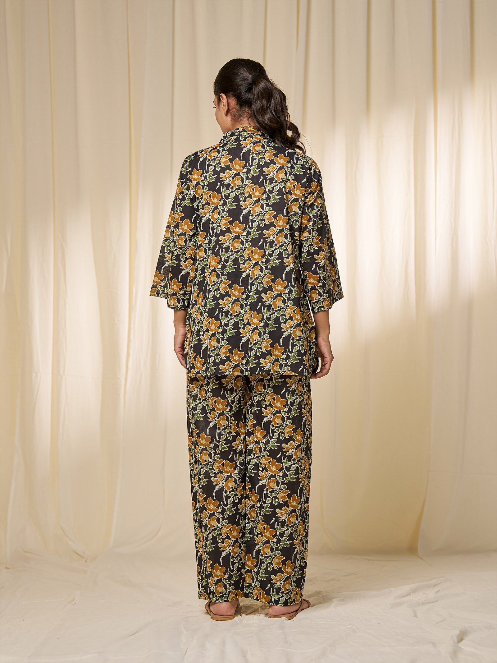 Midnight Blossom Collared Voile Night Suit