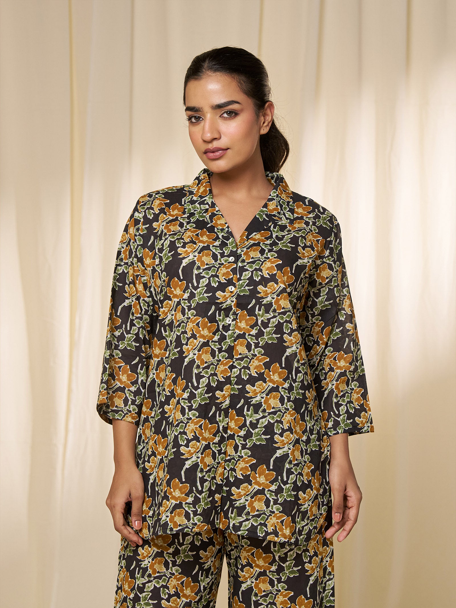 Midnight Blossom Collared Voile Night Suit