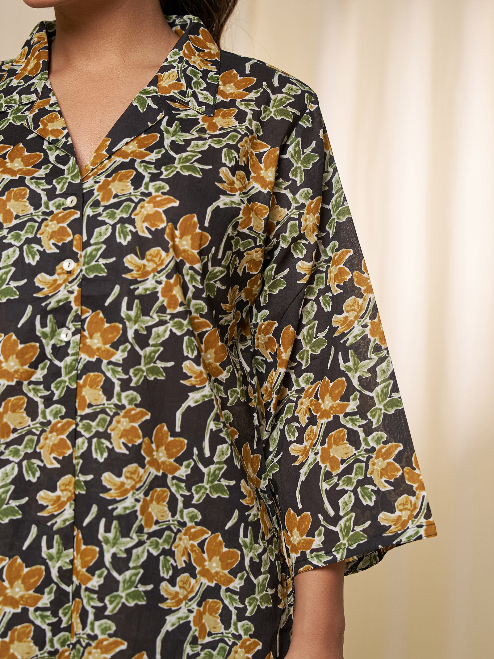 Midnight Blossom Collared Voile Night Suit