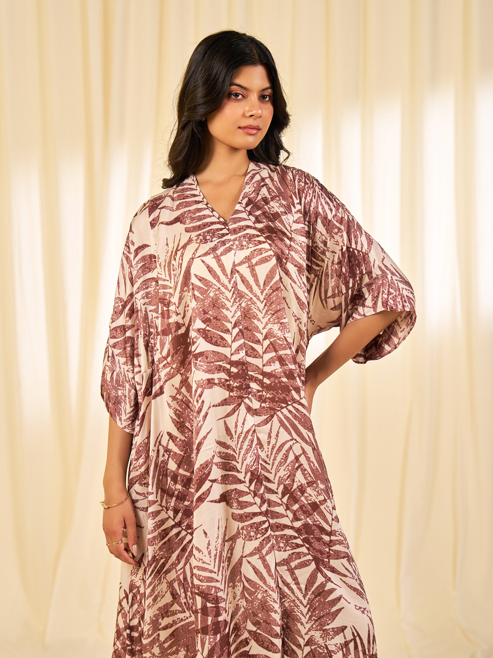 Stolen Secrets - Beige Leaves Modal Satin Dress