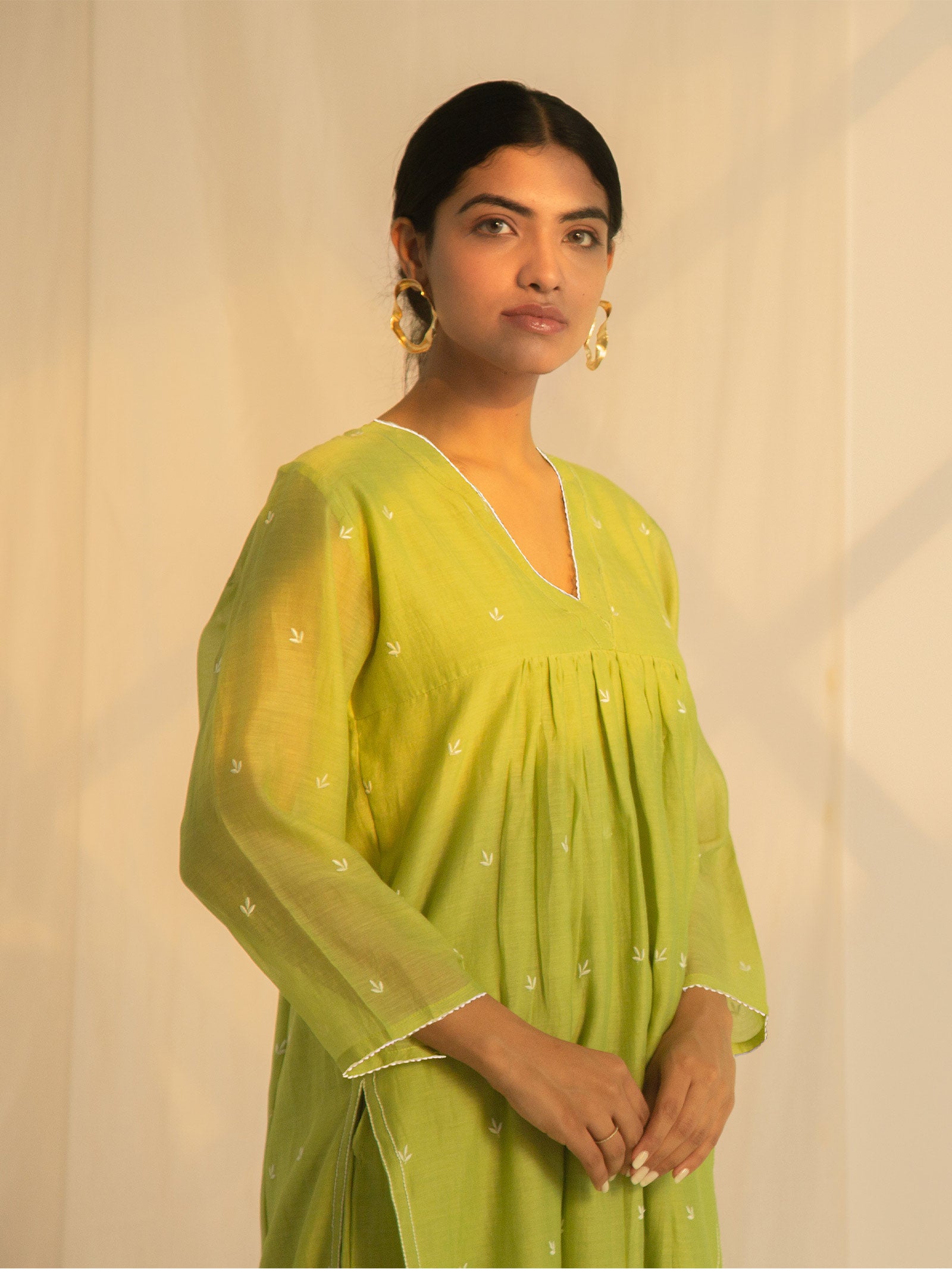 Needle Work Leaf Green Chanderi Kurta