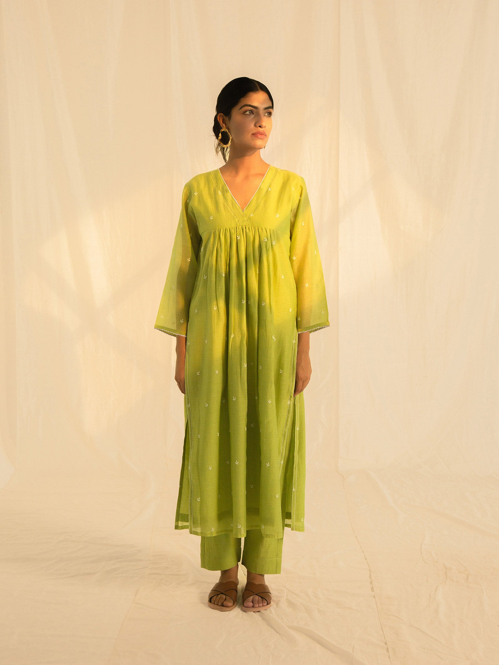 Needle Work Leaf Green Chanderi Kurta