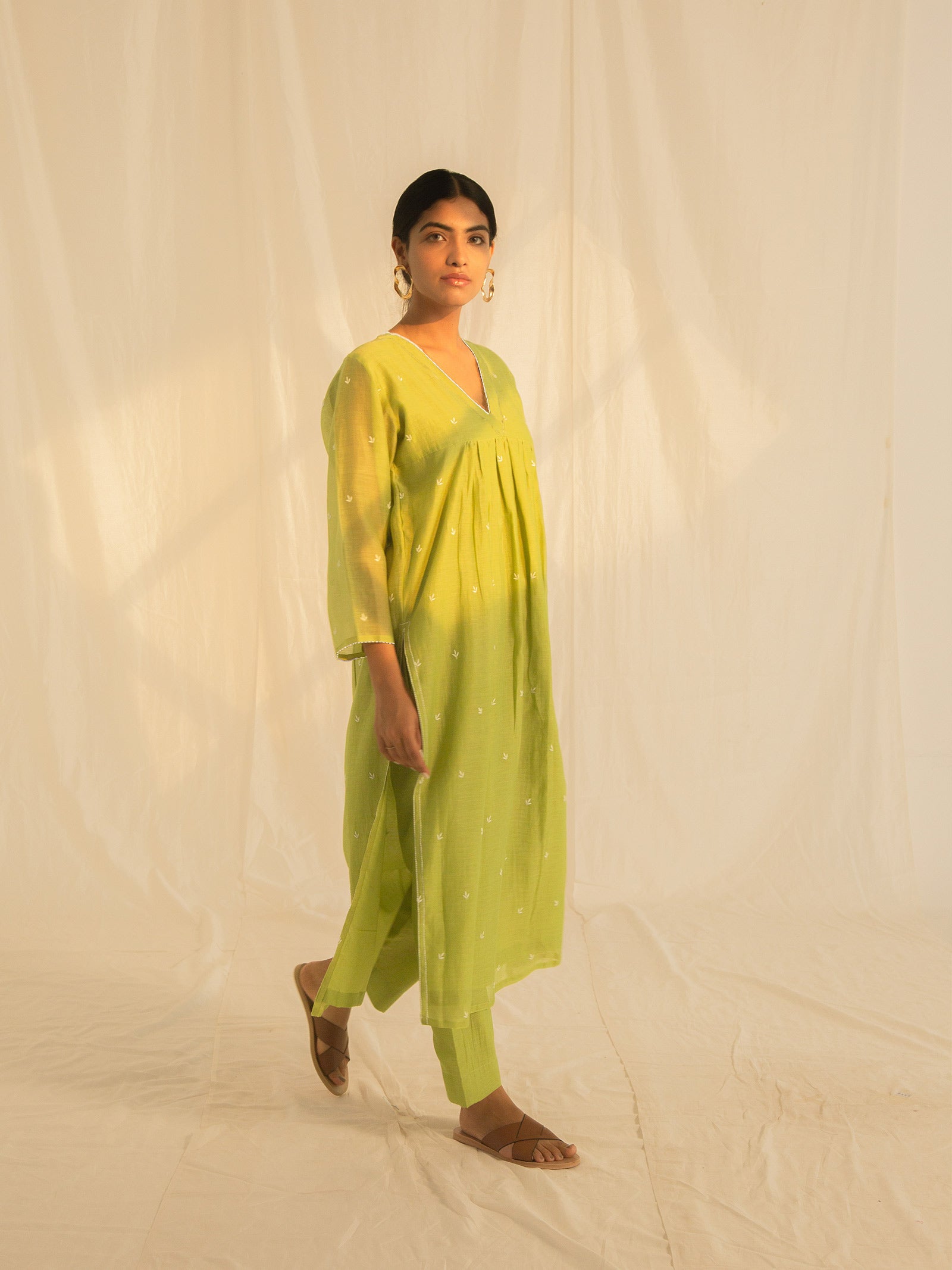 Needle Work Leaf Green Chanderi Kurta