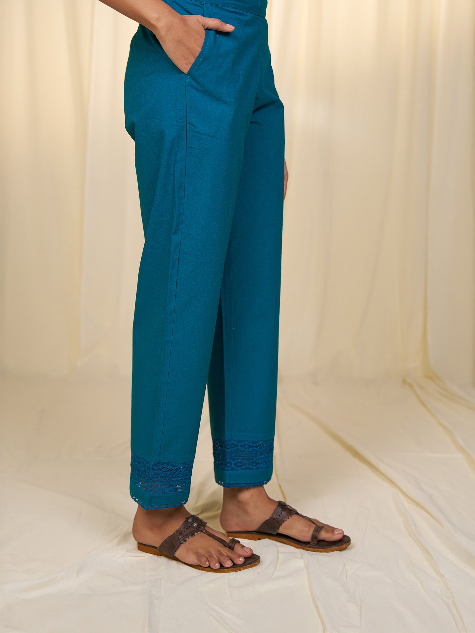 Teal Cotton Straight Pants