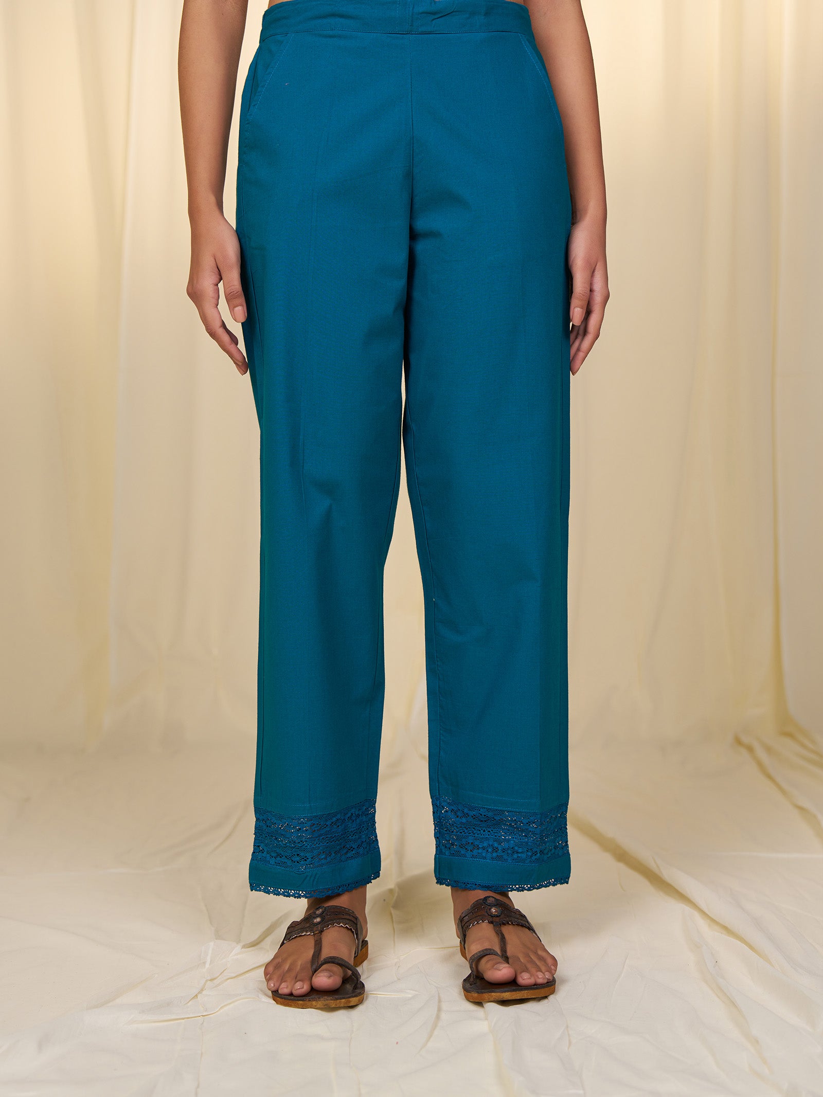 Teal Cotton Straight Pants