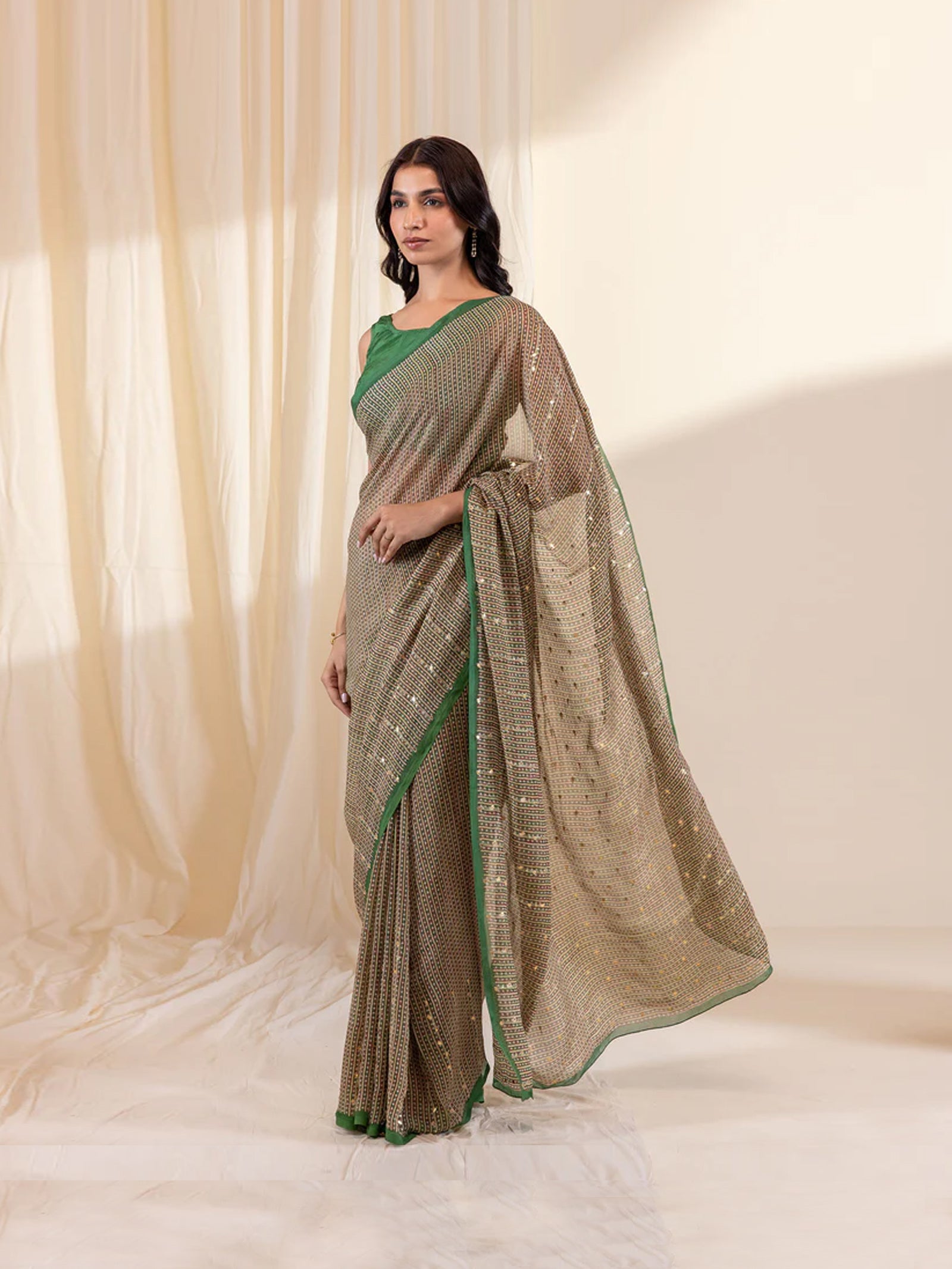 The Modern Women In Green Chiffon Saree