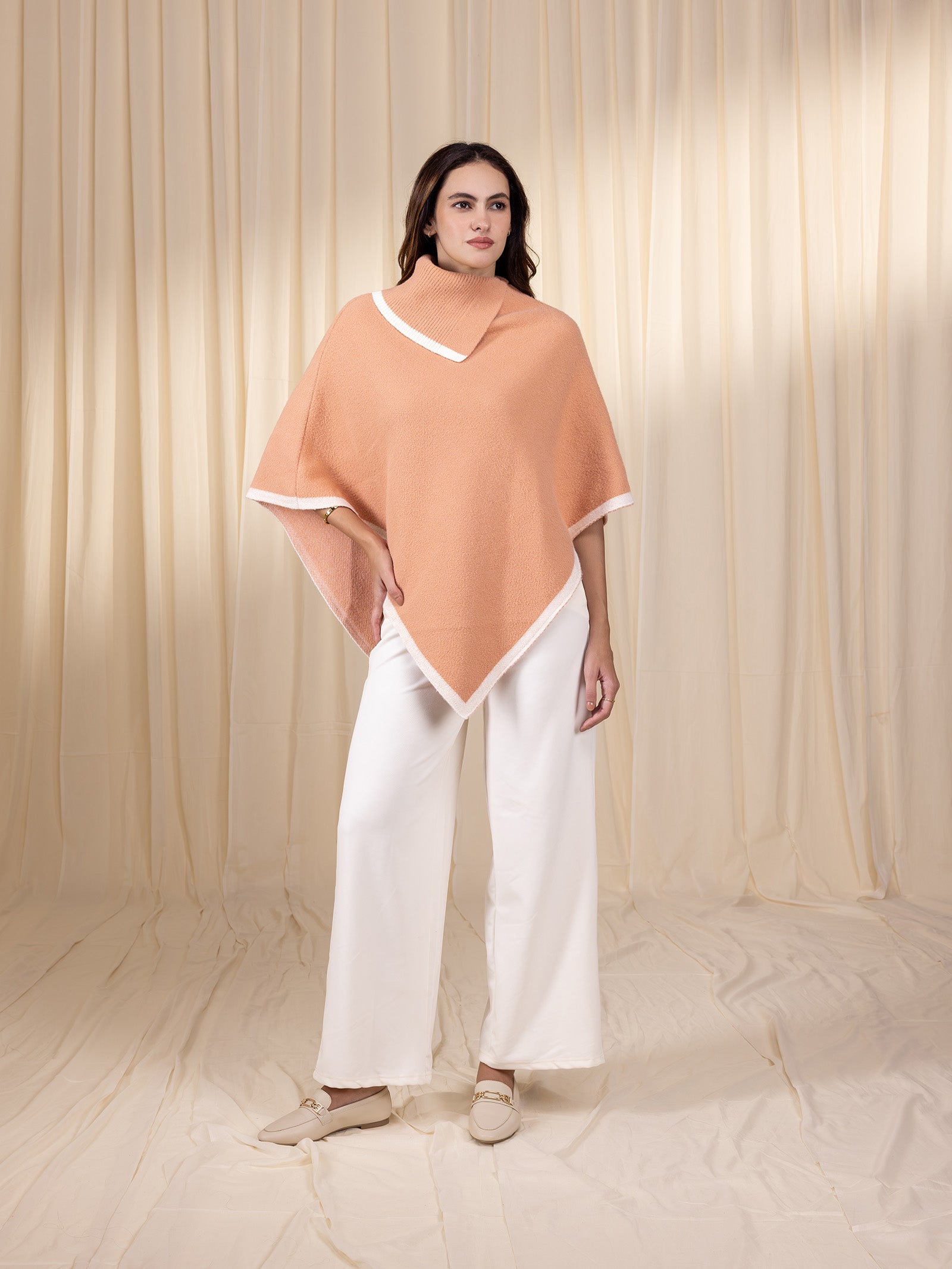 Woollen Collared Poncho - Apricot