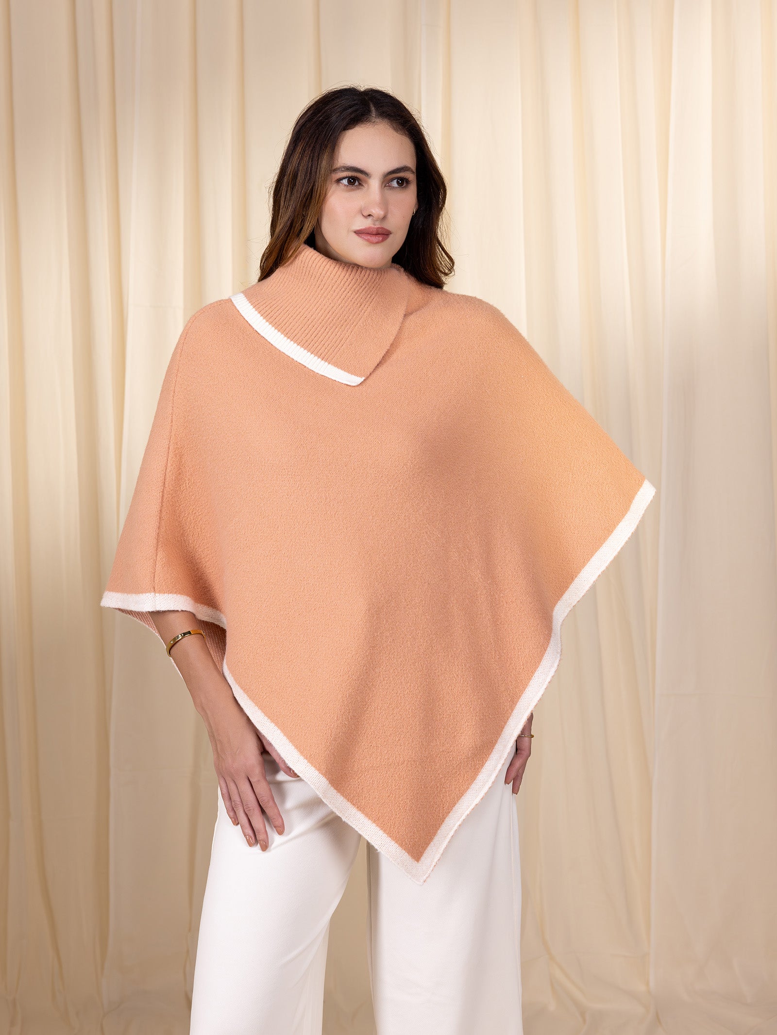 Woollen Collared Poncho - Apricot