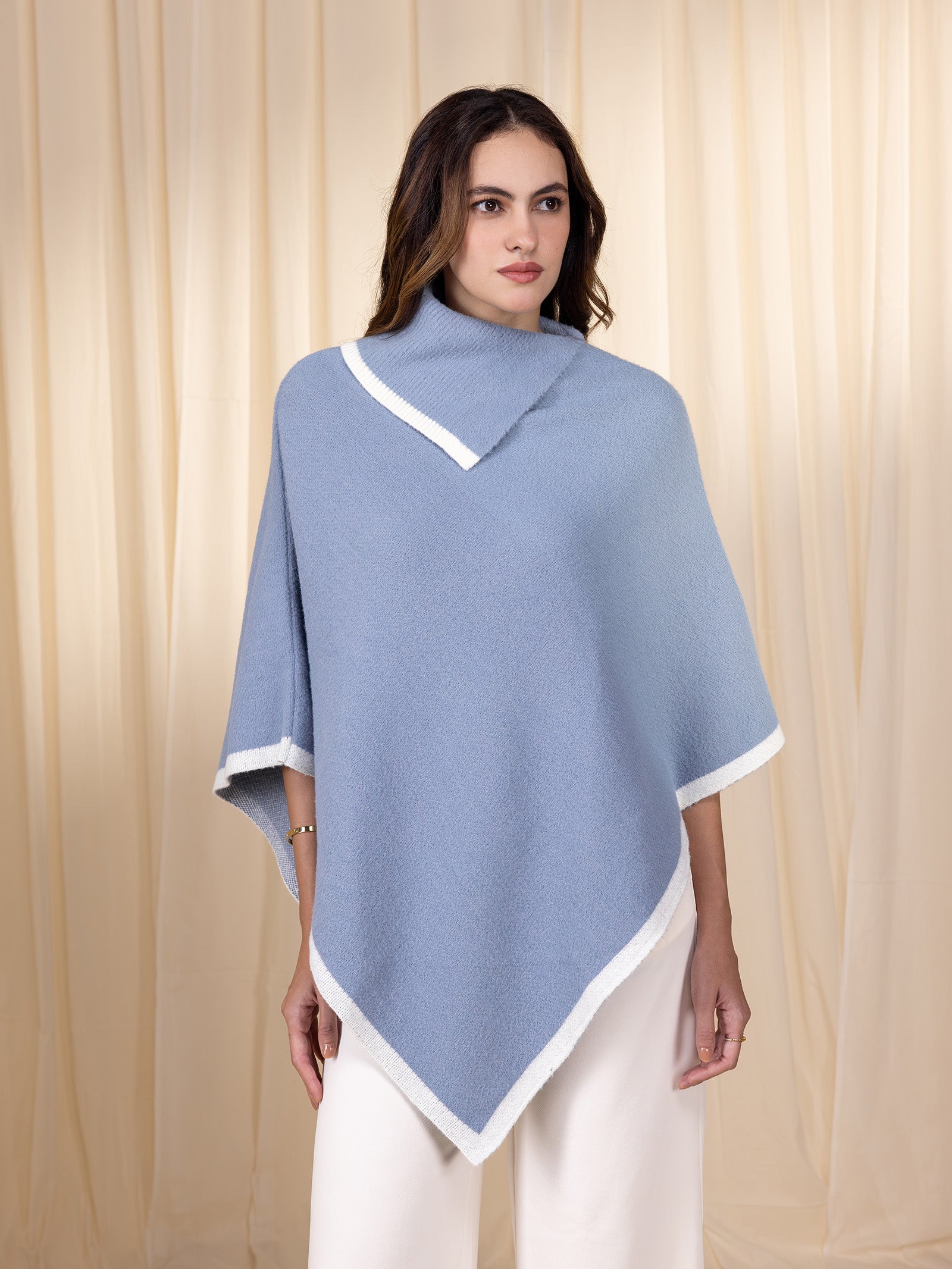 Woollen Collared Poncho - Blueberry