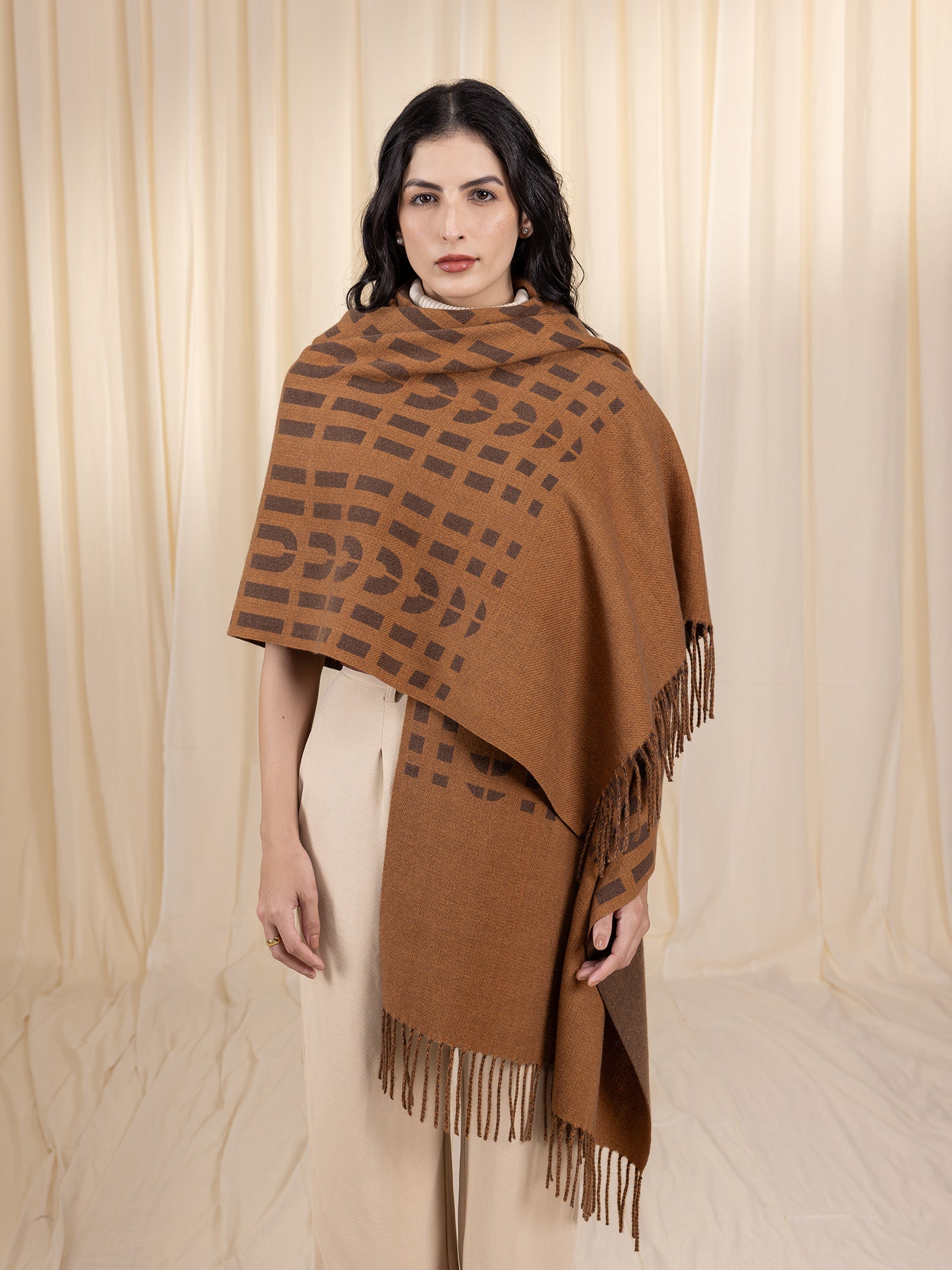 Woollen Reversible Loom Stole - Cinnamon