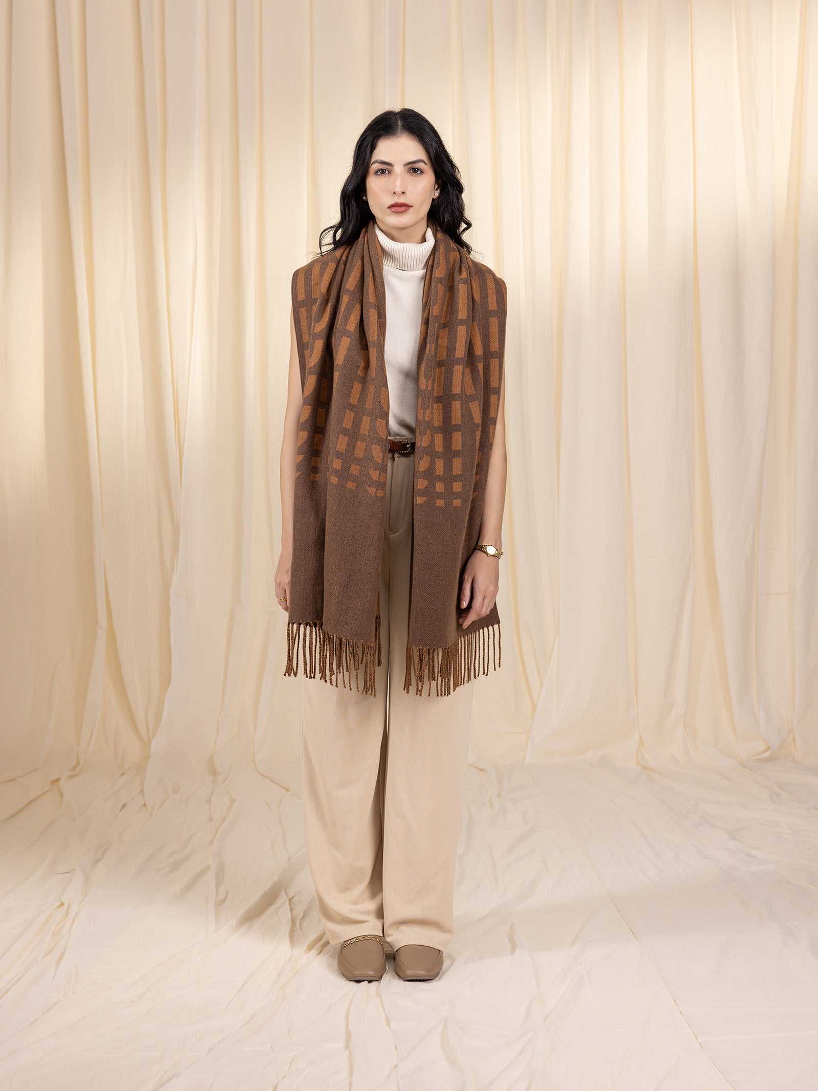 Woollen Reversible Loom Stole - Cinnamon