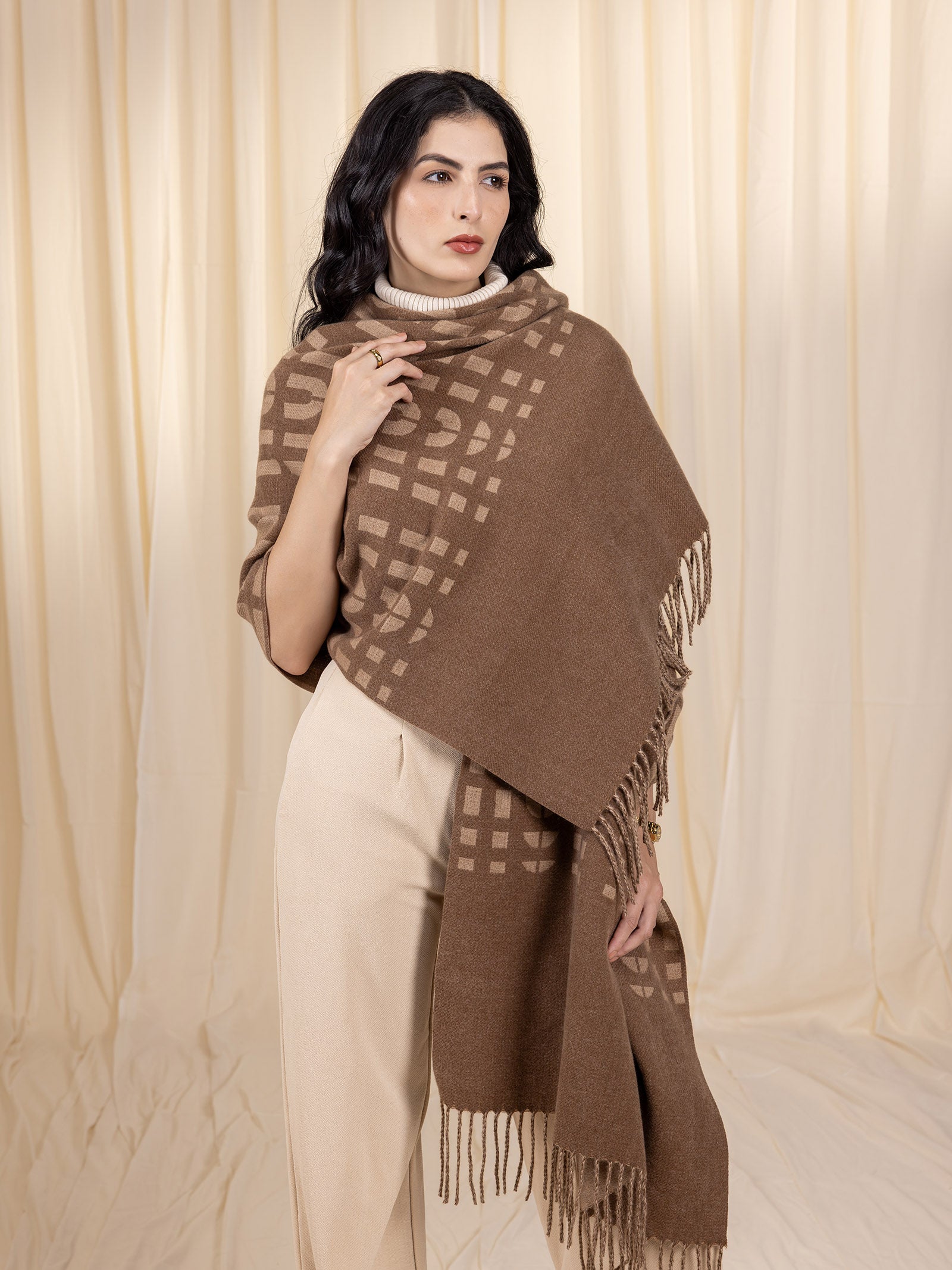 Woollen Reversible Loom Stole - Toffee