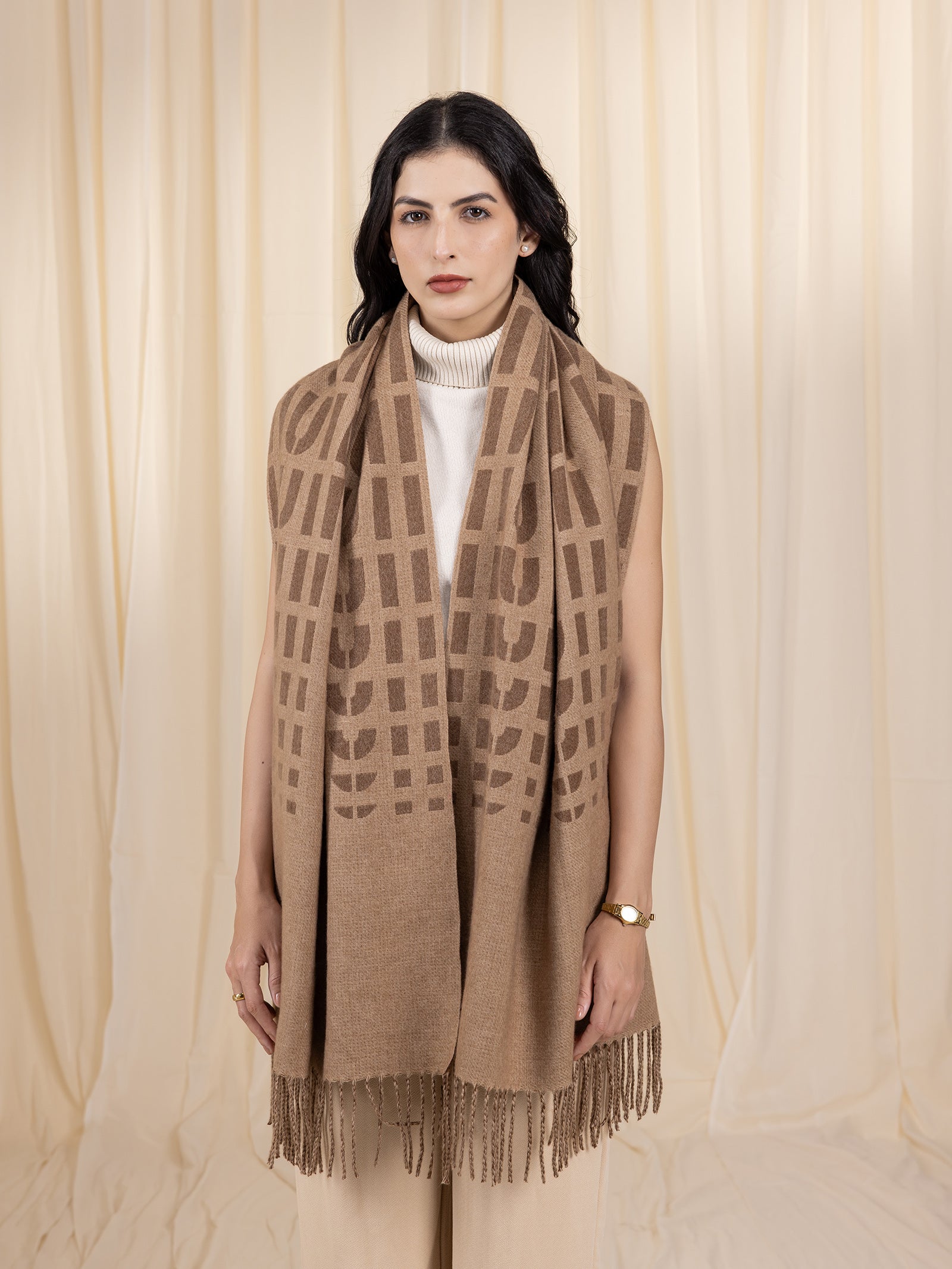 Woollen Reversible Loom Stole - Toffee