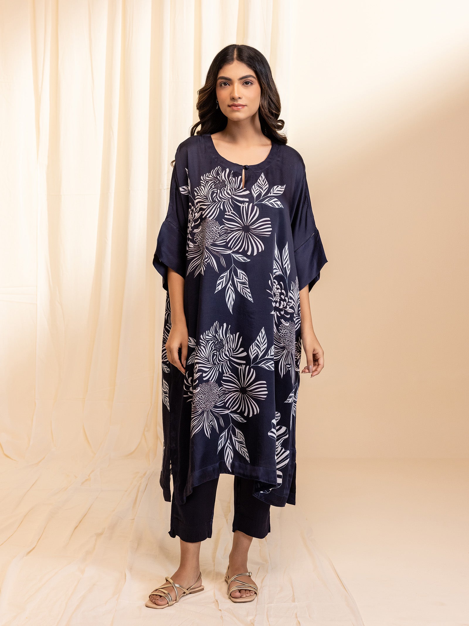 Cocktail Navy Blue Modal Satin Kaftan