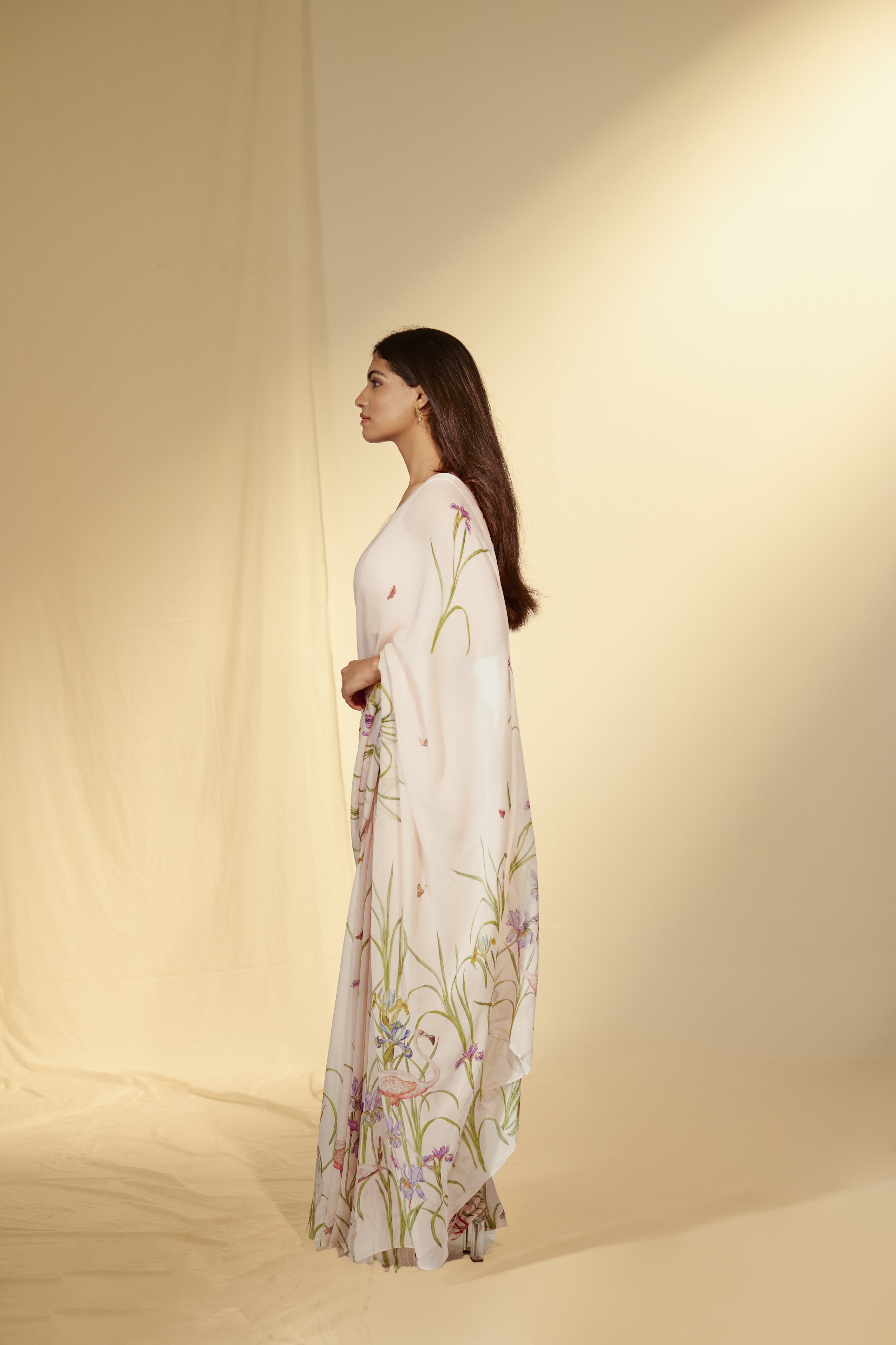 Enchanted Forest - Cranes & Irisis Chiffon Saree