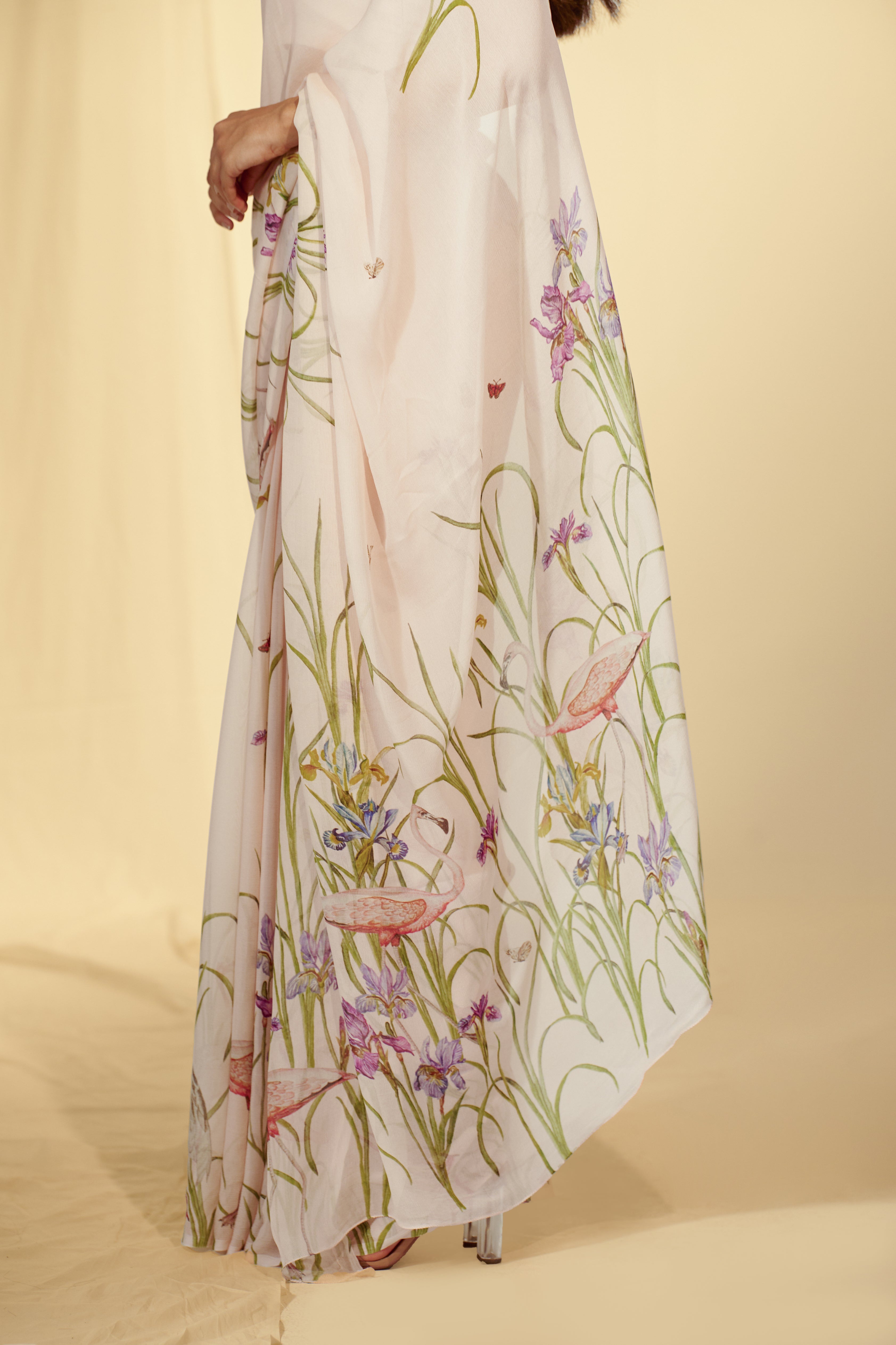 Enchanted Forest - Cranes & Irisis Chiffon Saree