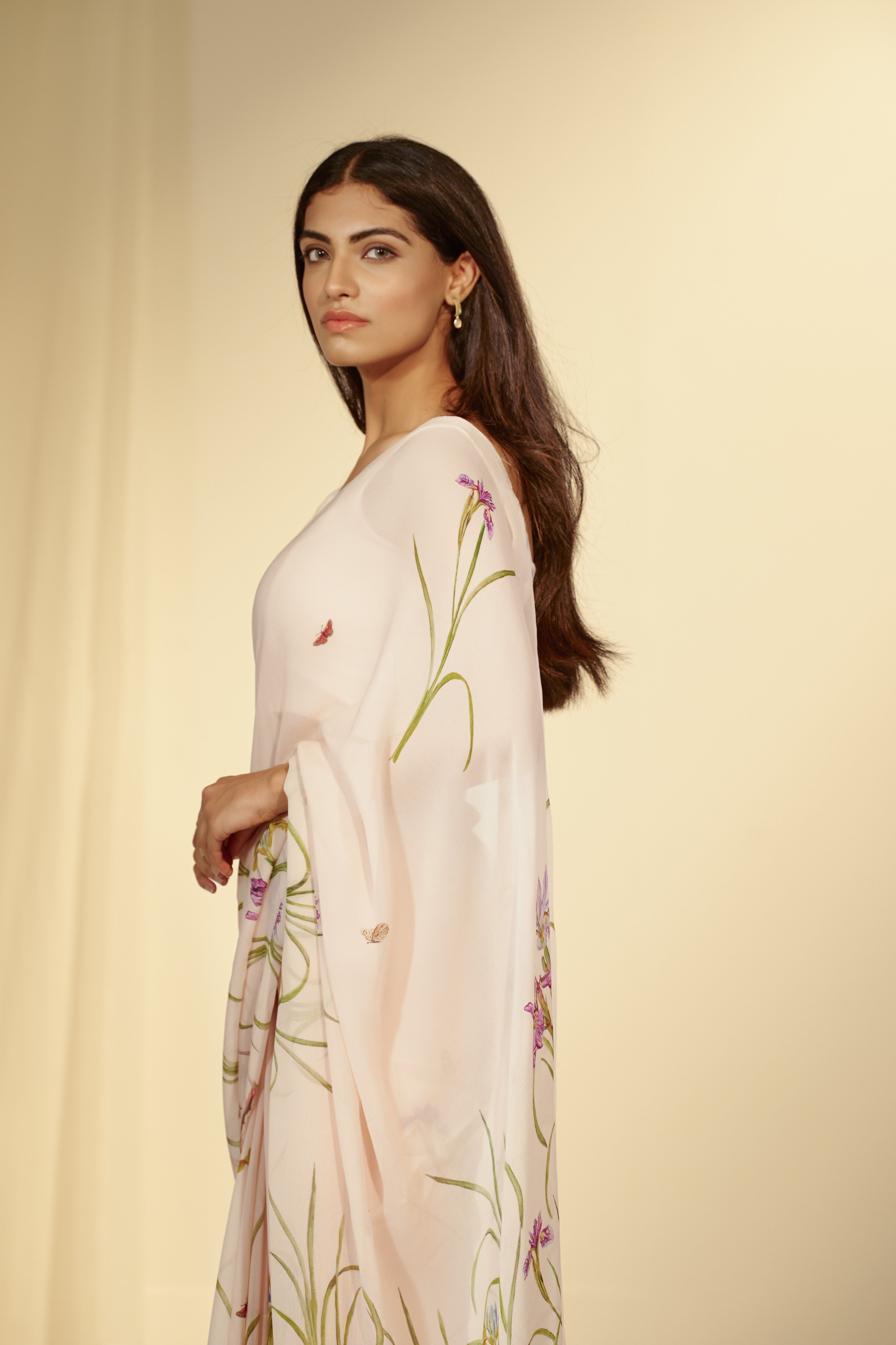 Enchanted Forest - Cranes & Irisis Chiffon Saree