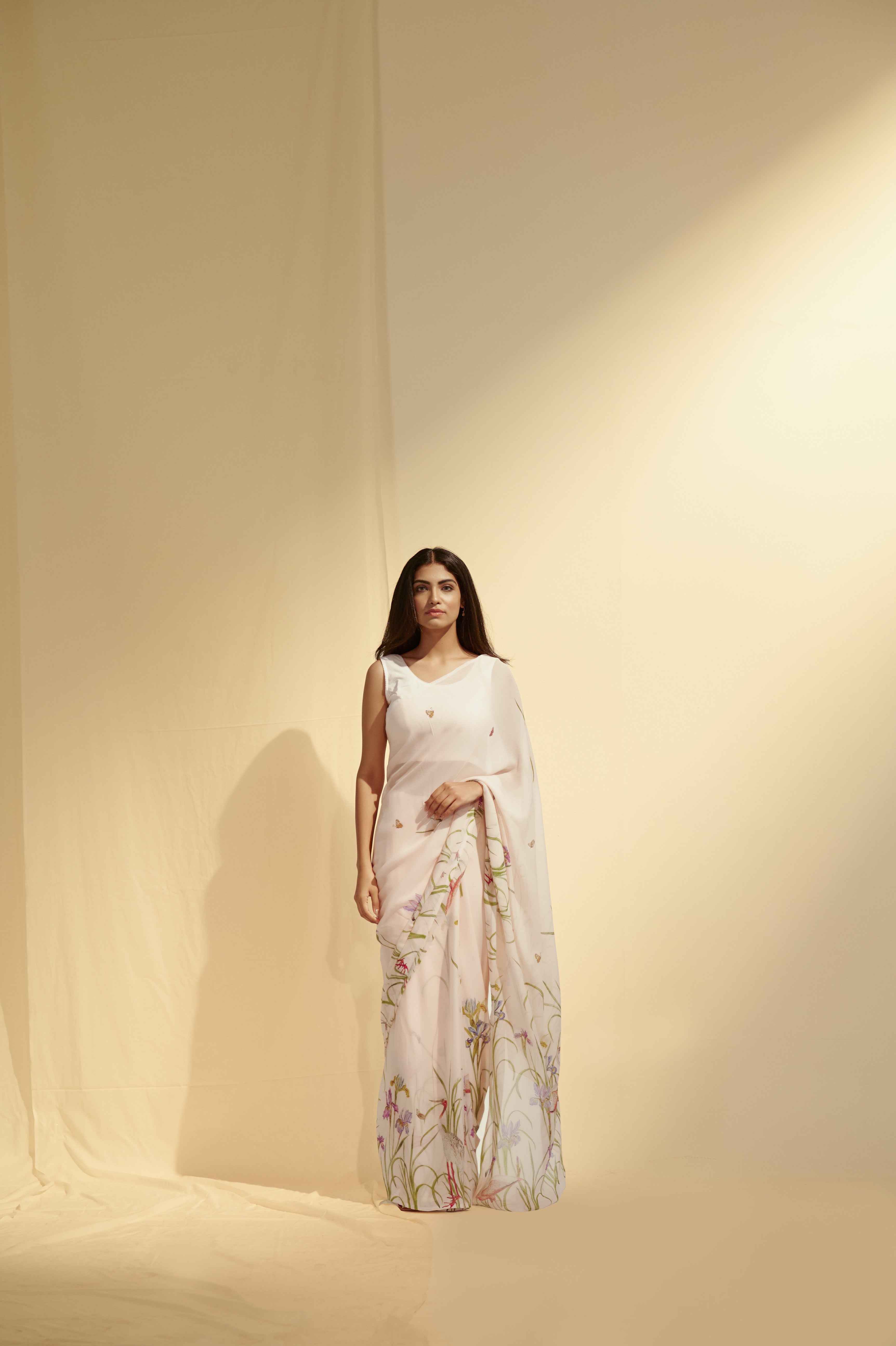 Enchanted Forest - Cranes & Irisis Chiffon Saree