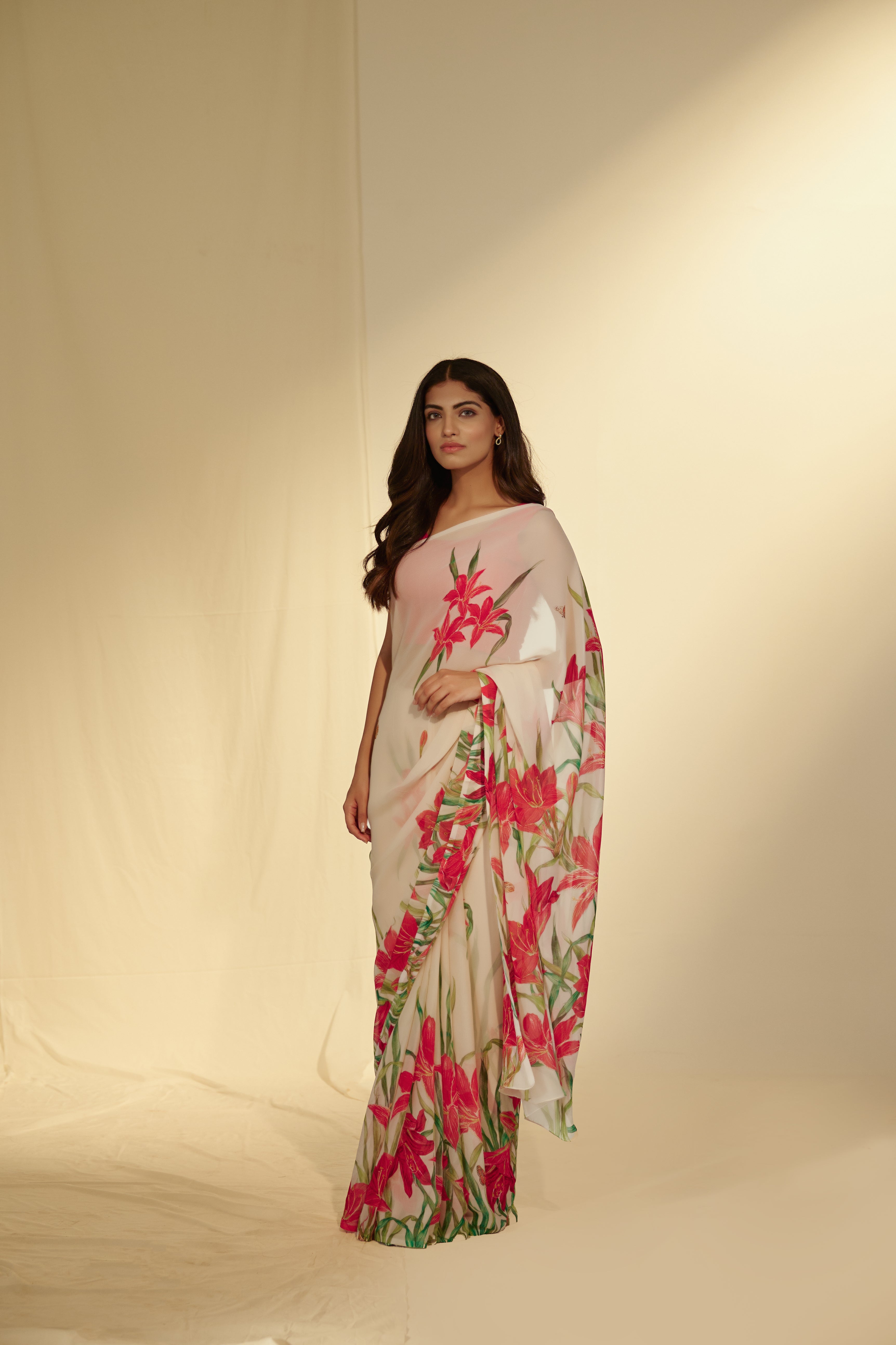 Enchanted Forest - Lilies & Butterflies Chiffon Saree