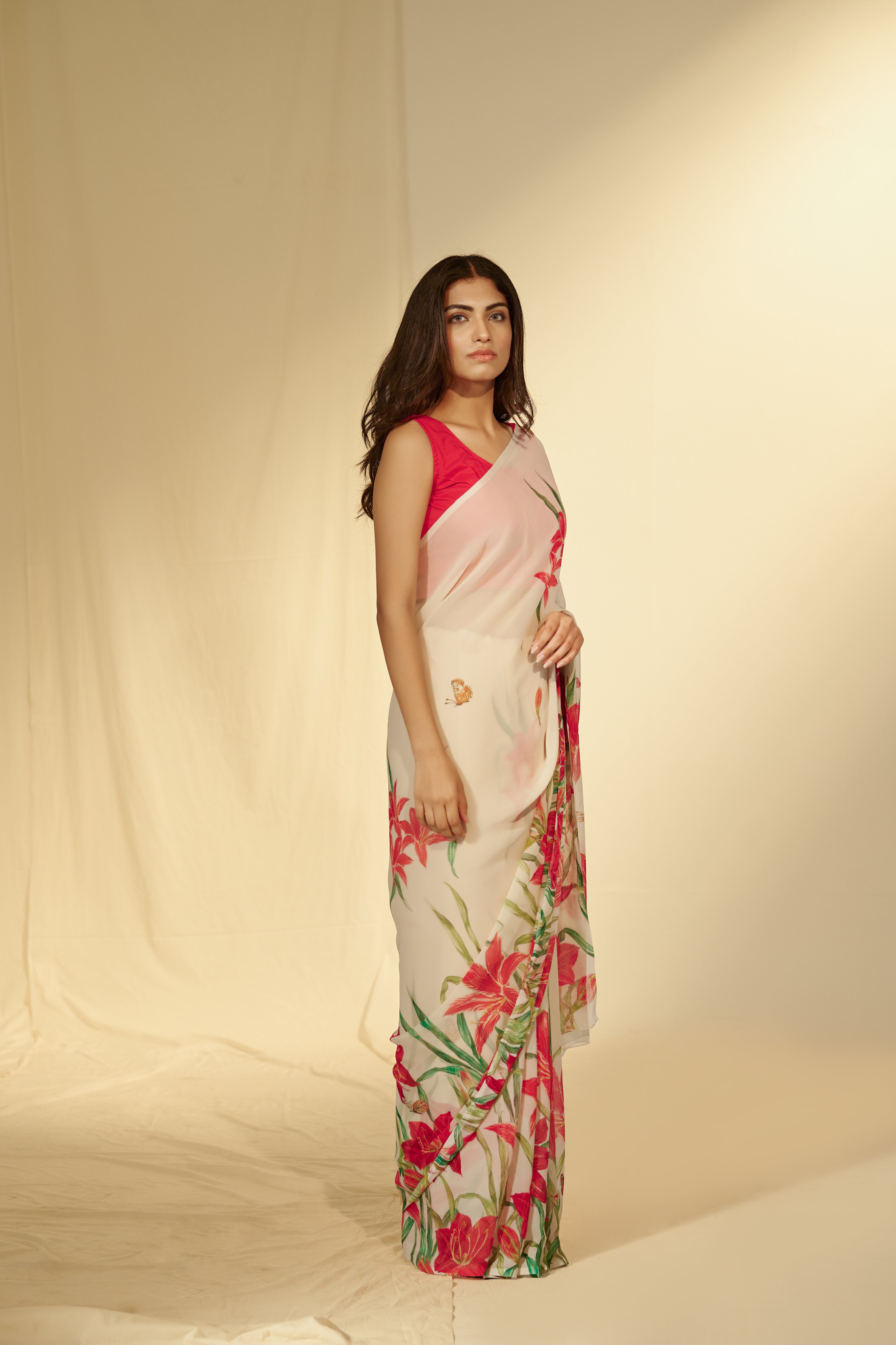 Enchanted Forest - Lilies & Butterflies Chiffon Saree