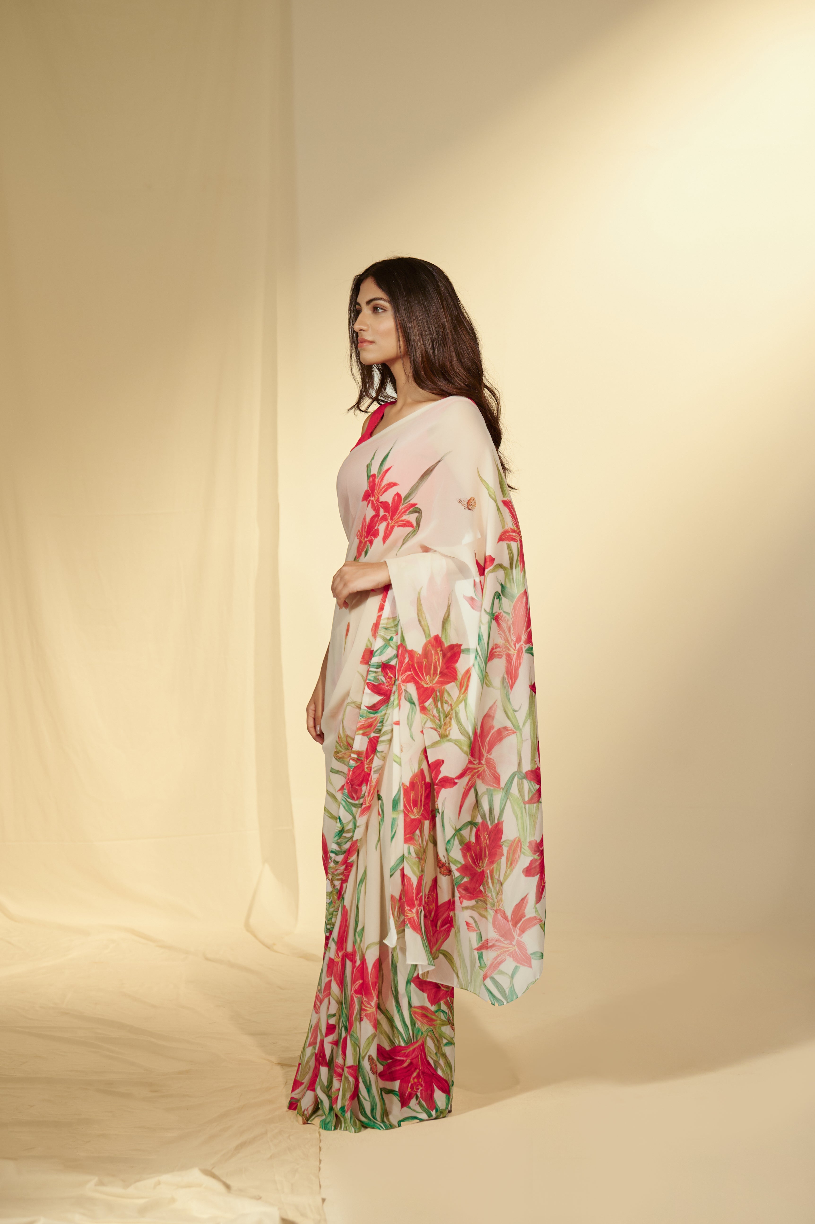 Enchanted Forest - Lilies & Butterflies Chiffon Saree