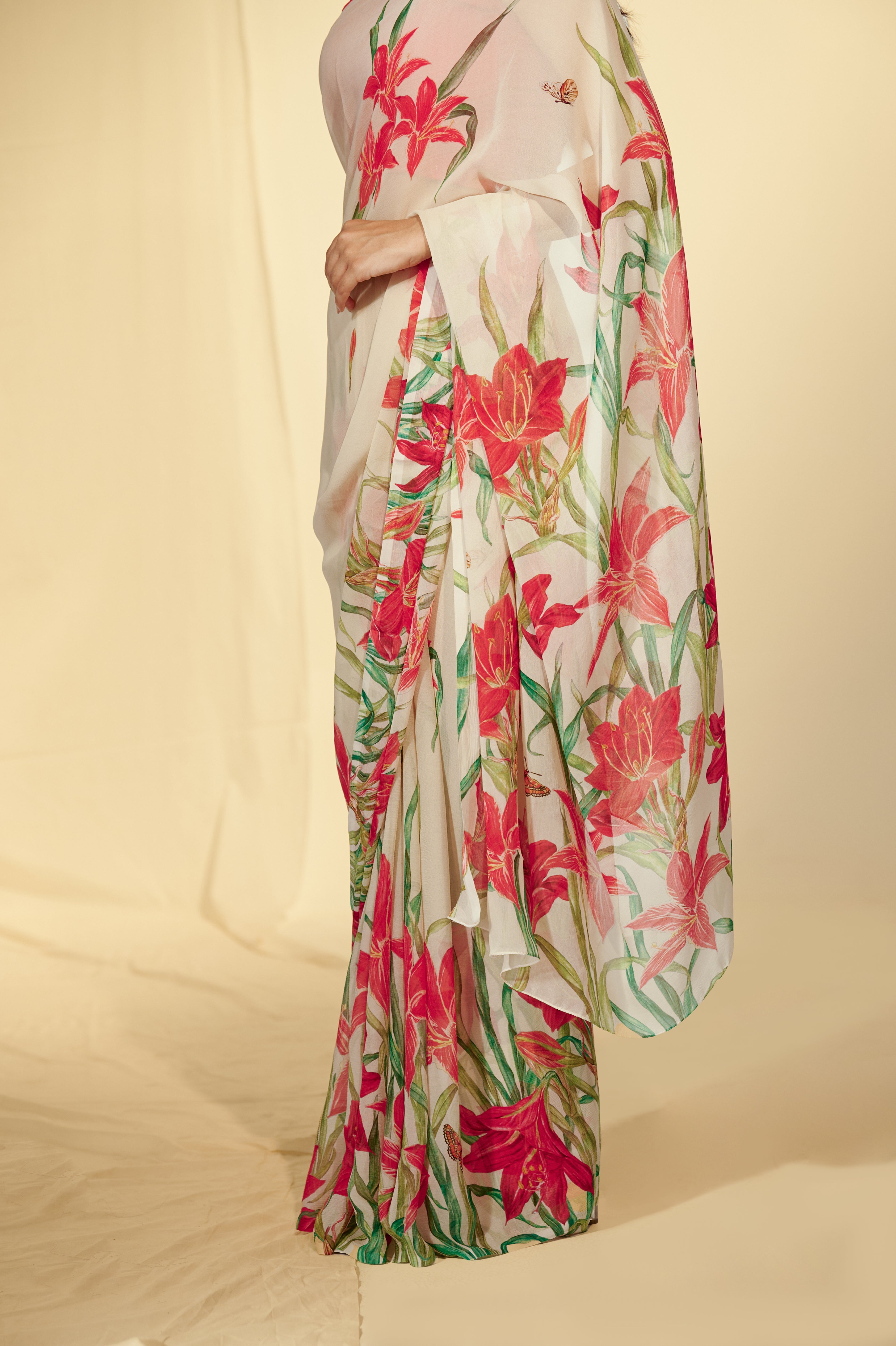 Enchanted Forest - Lilies & Butterflies Chiffon Saree