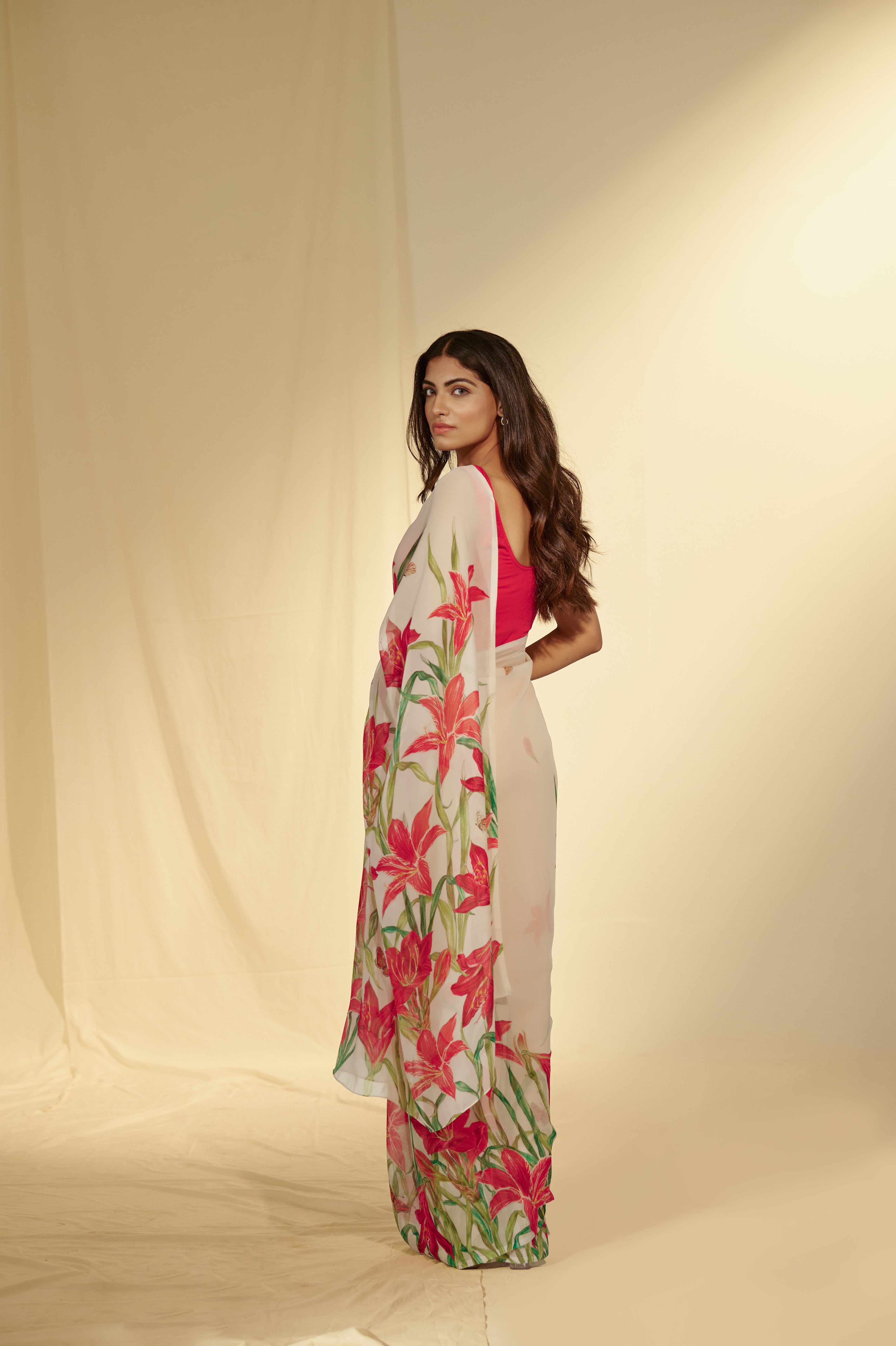 Enchanted Forest - Lilies & Butterflies Chiffon Saree