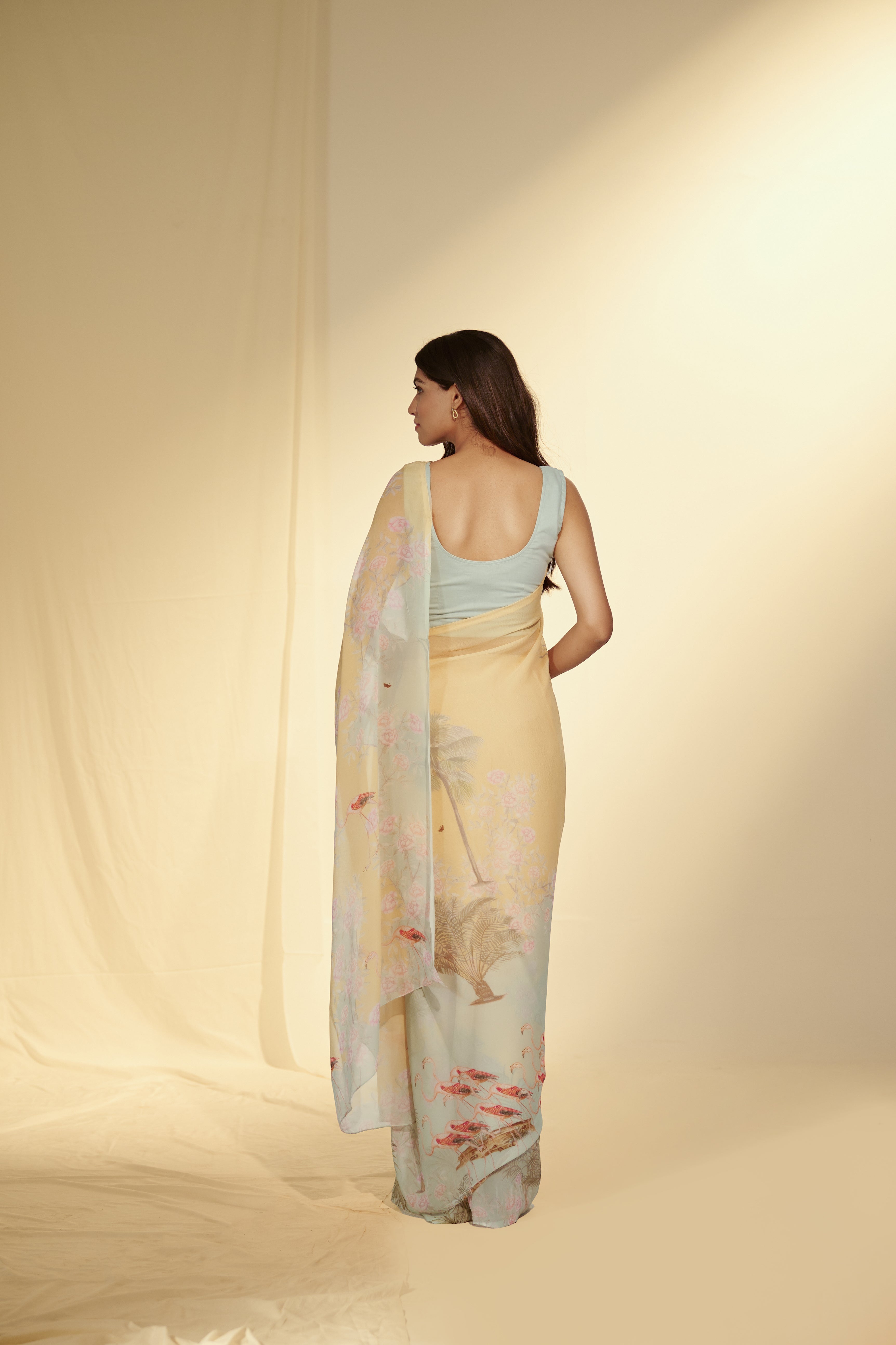 Enchanted Forest - Flamingo & Dates Chiffon Saree