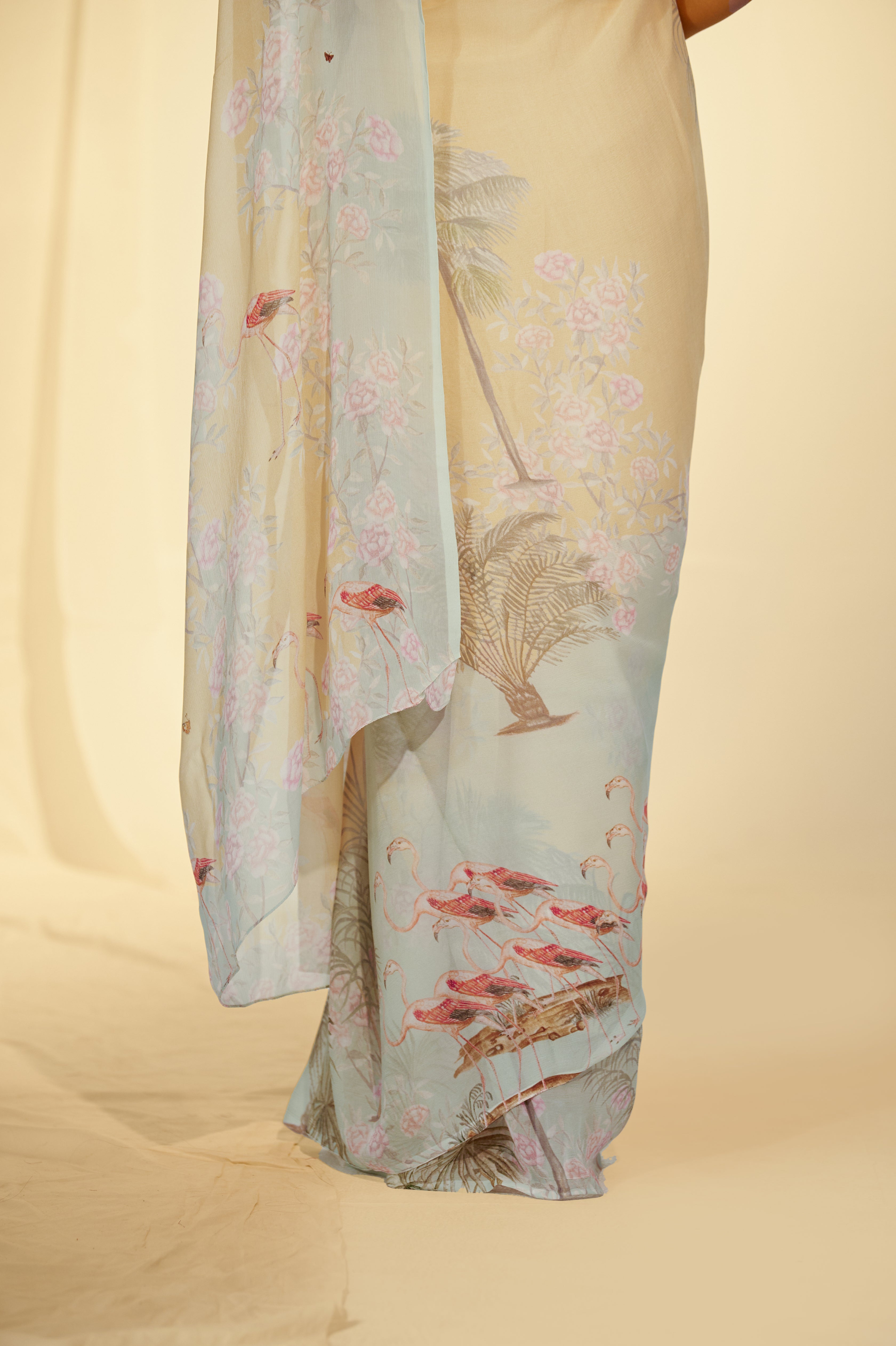 Enchanted Forest - Flamingo & Dates Chiffon Saree