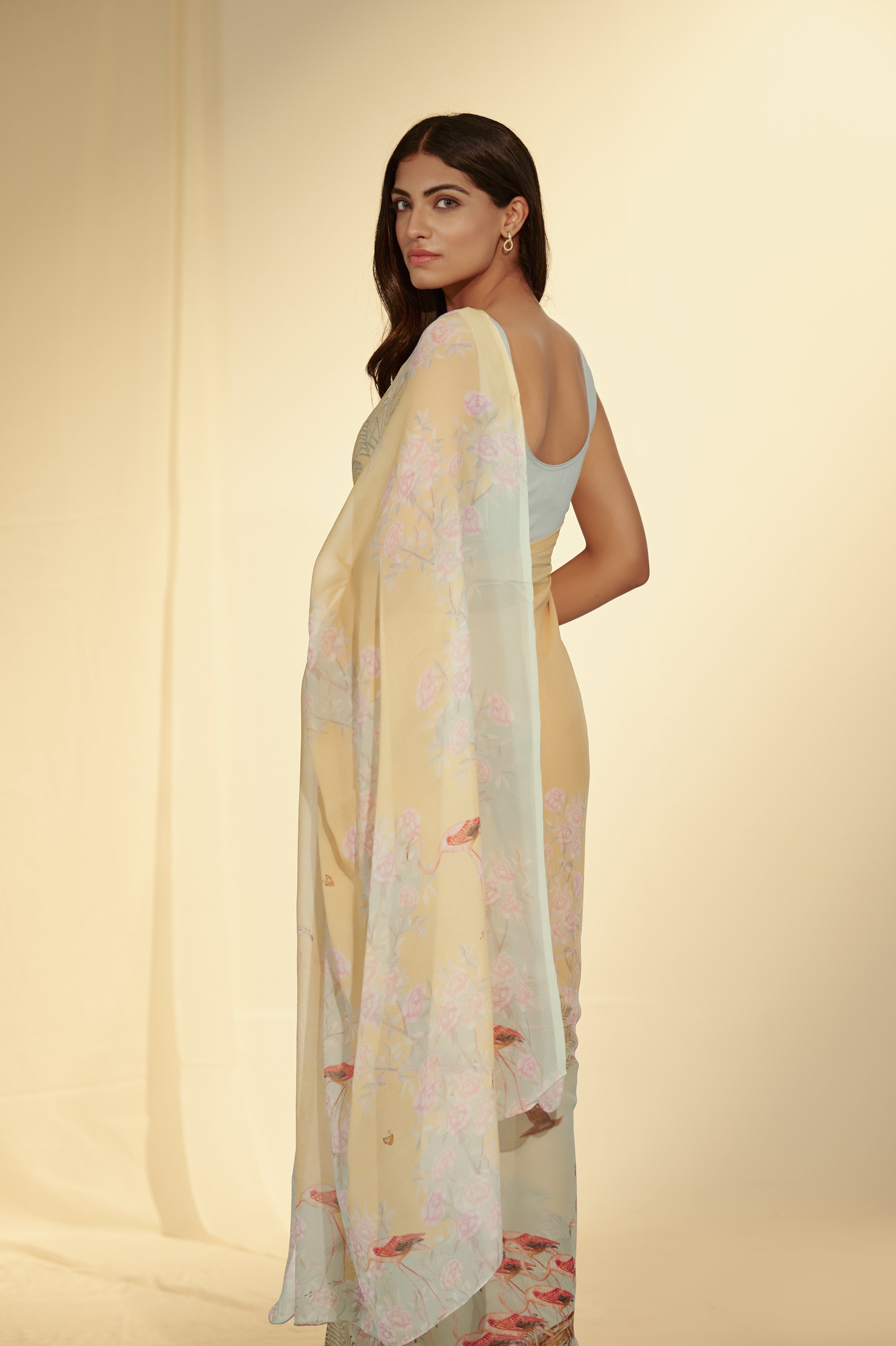 Enchanted Forest - Flamingo & Dates Chiffon Saree