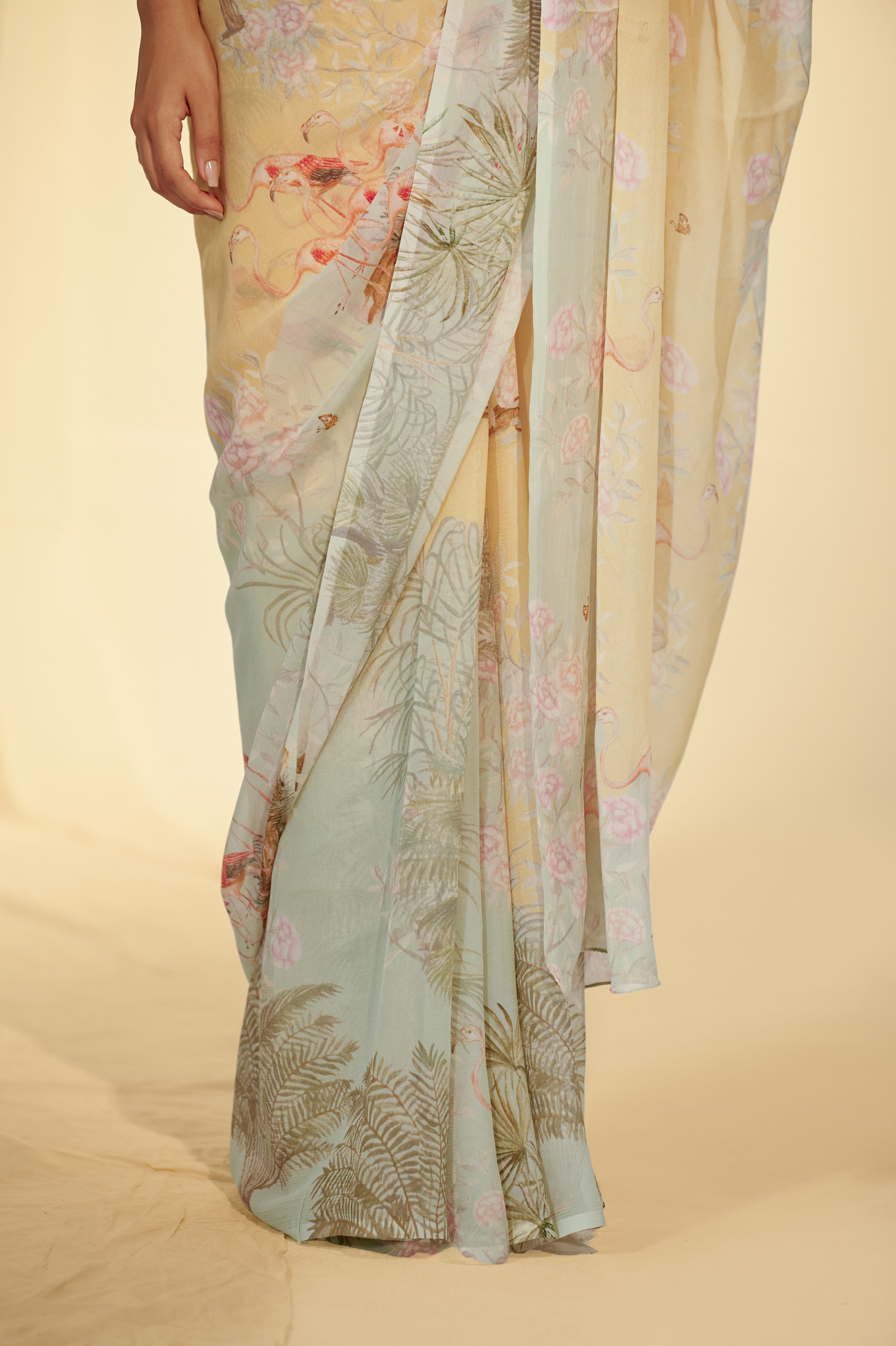 Enchanted Forest - Flamingo & Dates Chiffon Saree