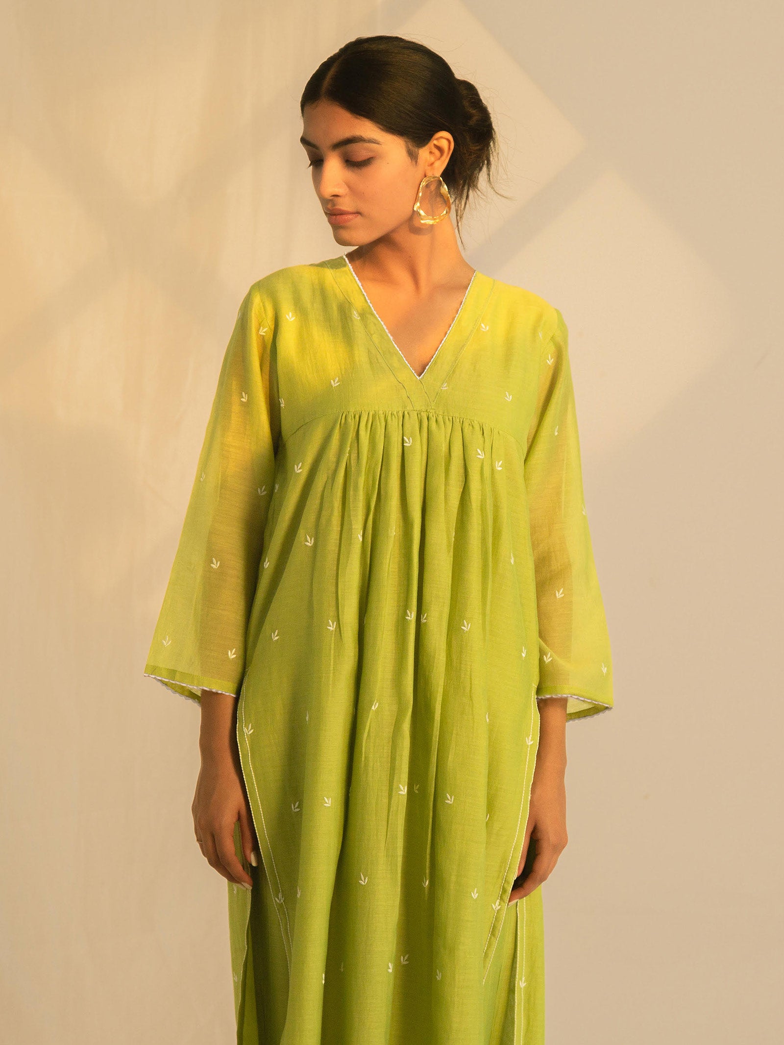 Needle Work Leaf Green Chanderi Kurta