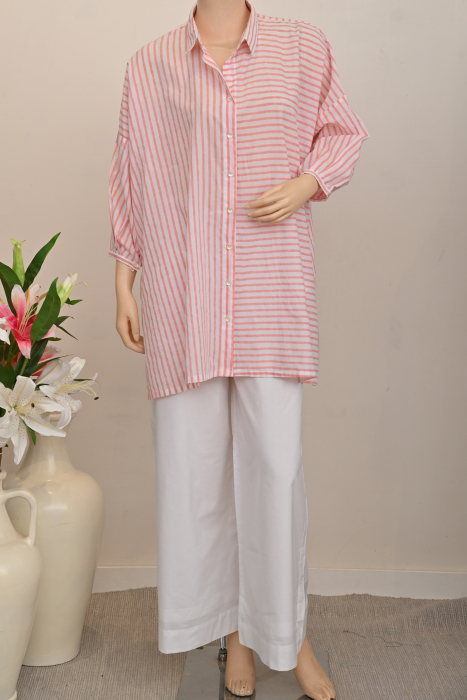 Madras Voile Shirt - Candy Stripe Peach